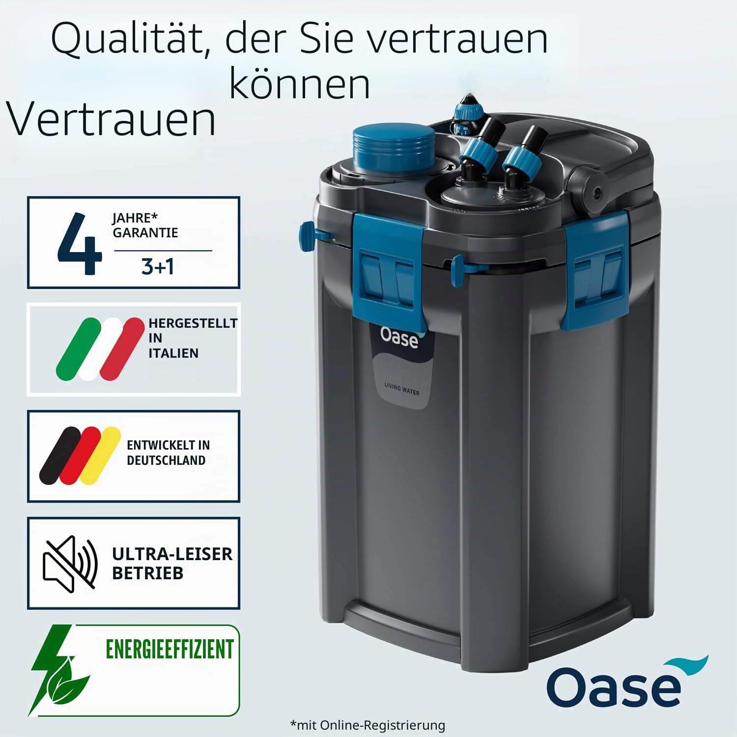 OASE BioMaster 2 Thermo 600 Kanister Filter für Aquarien - Externer Aquarienfilter mit eingebauter Heizung - EasyClean Vorfilter, leiser Betrieb - Süß- & Salzwasser, bis zu 160 Gallonen