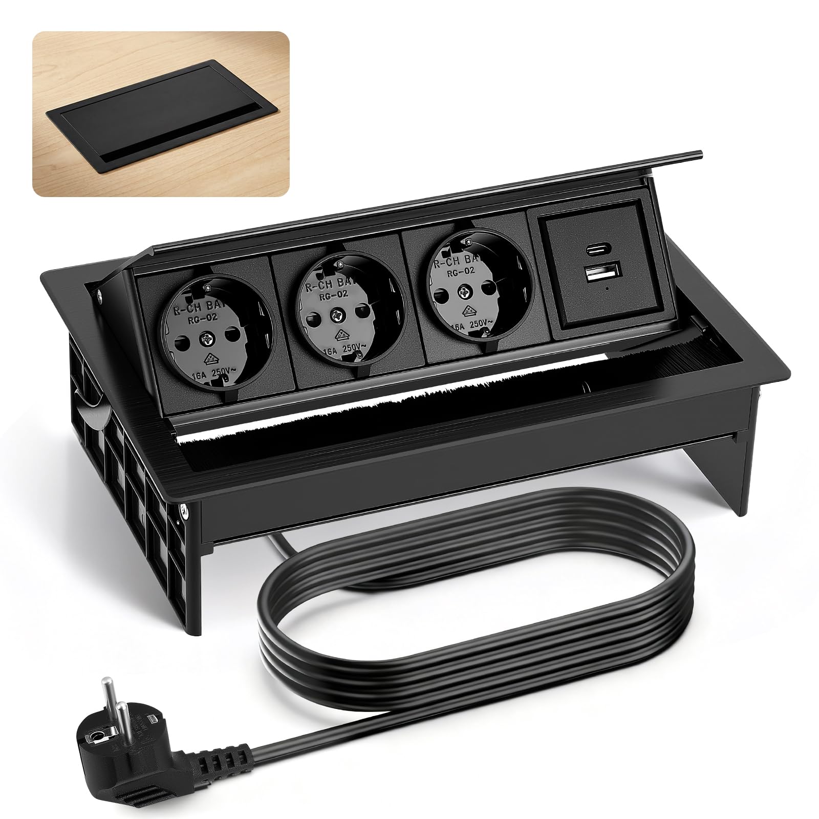 Presa Scomparsa 3 Prese, 1 USB-C 1 USB-A, Multipresa da Tavolo Alluminio, Multipresa Scomparsa Incasso Tavolo, Cavo di Alimentazione 2m, 20W USB, per Ufficio, Sala Giochi, Sale Riunioni, Cucina 2500W