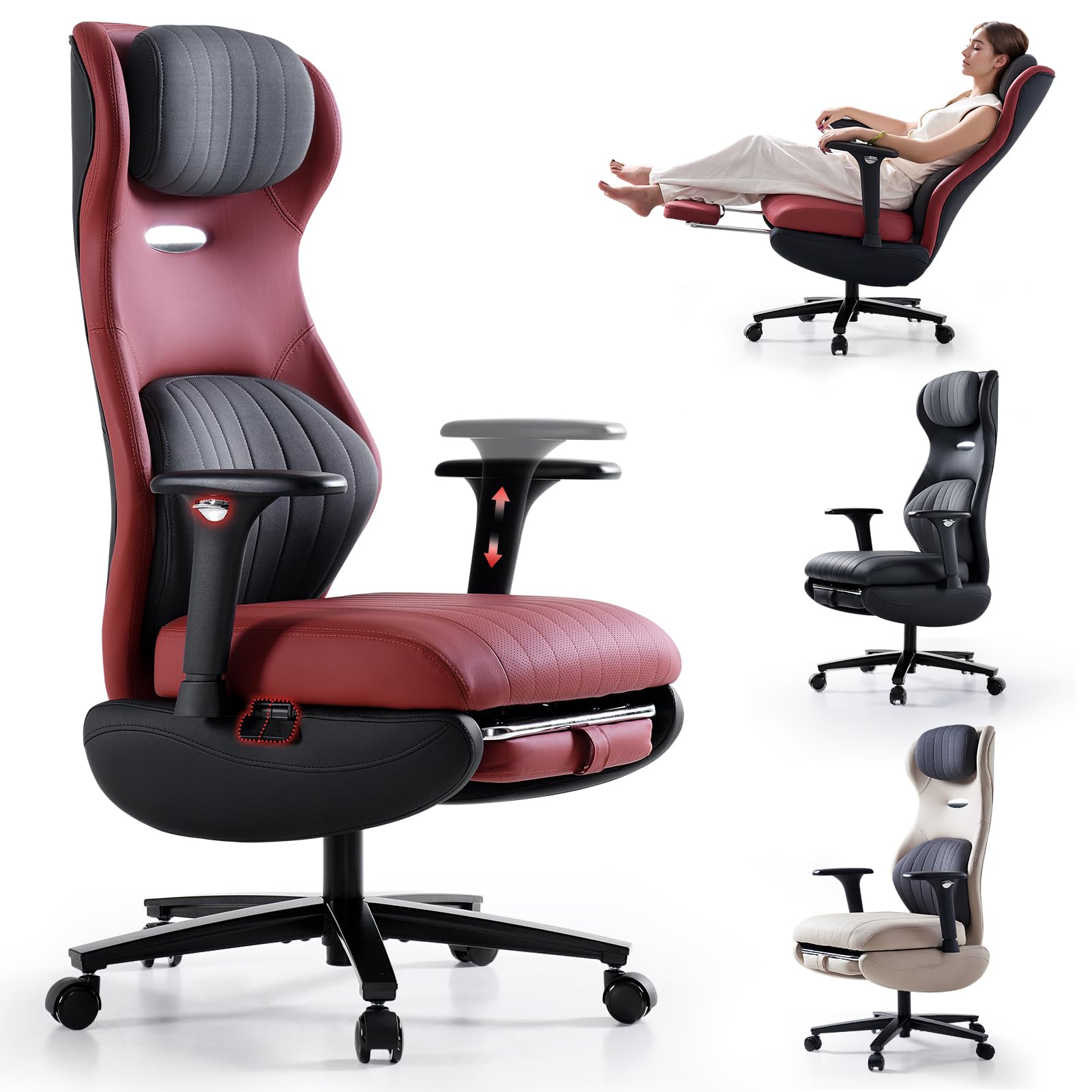 EMIAH Sedia da Ufficio Ergonomica, Sedia da Scrivania Reclinabile con Poggiapiedi, Braccioli Regolabili, Sedia da Gioco con Schienale Alto, Sedia Direzionale con Supporto Lombare, Pelle PU (Rosso)