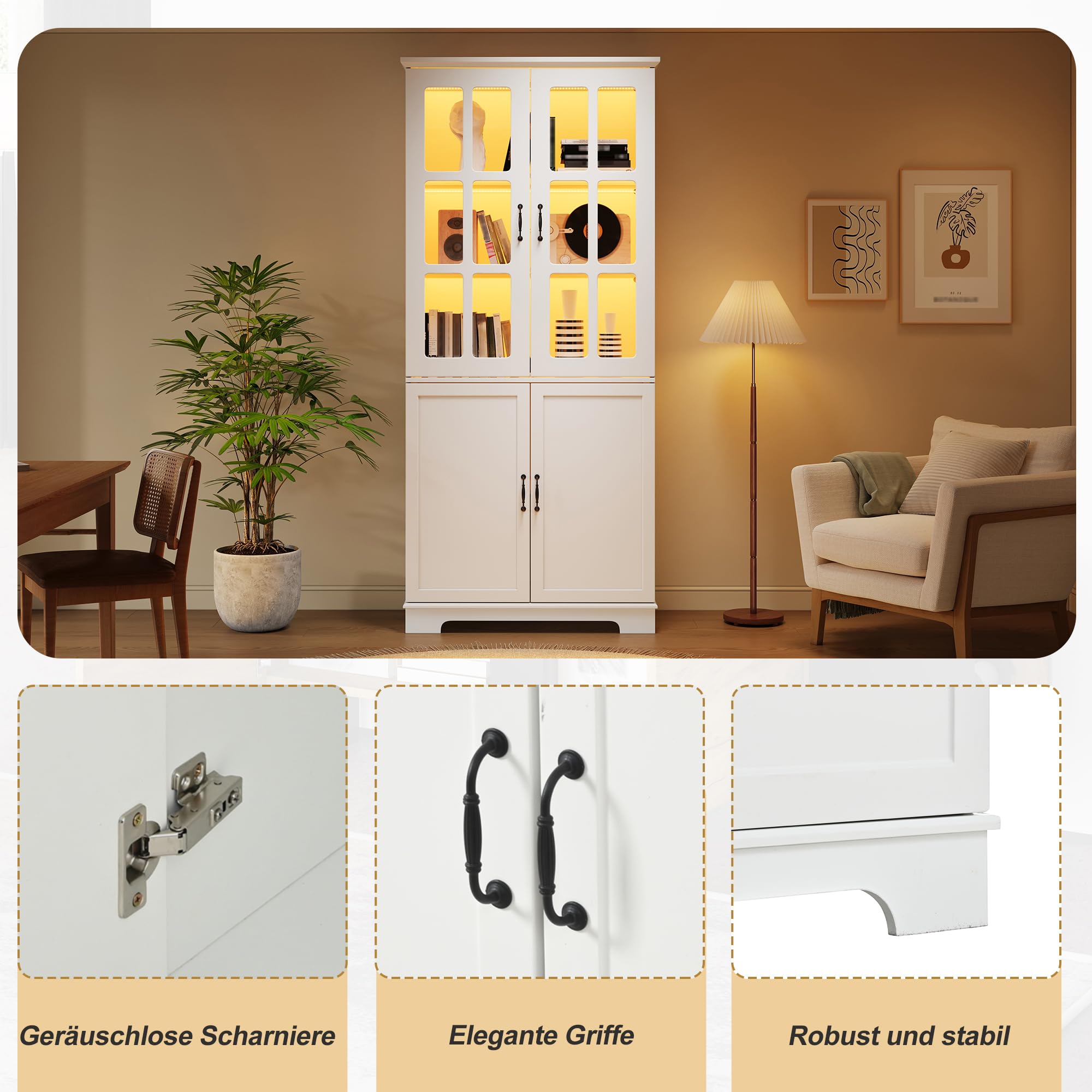 Vitrine Glasvitrine Stehend mit LED Licht und 2 Glasgittern, Vitrinenschrank Highboard mit 5 Etagen, Wohnzimmerschrank Bücherschrank mit Trennwand, Schrank Weiß, Wohnzimmer Möbel, 80x38x180 cm