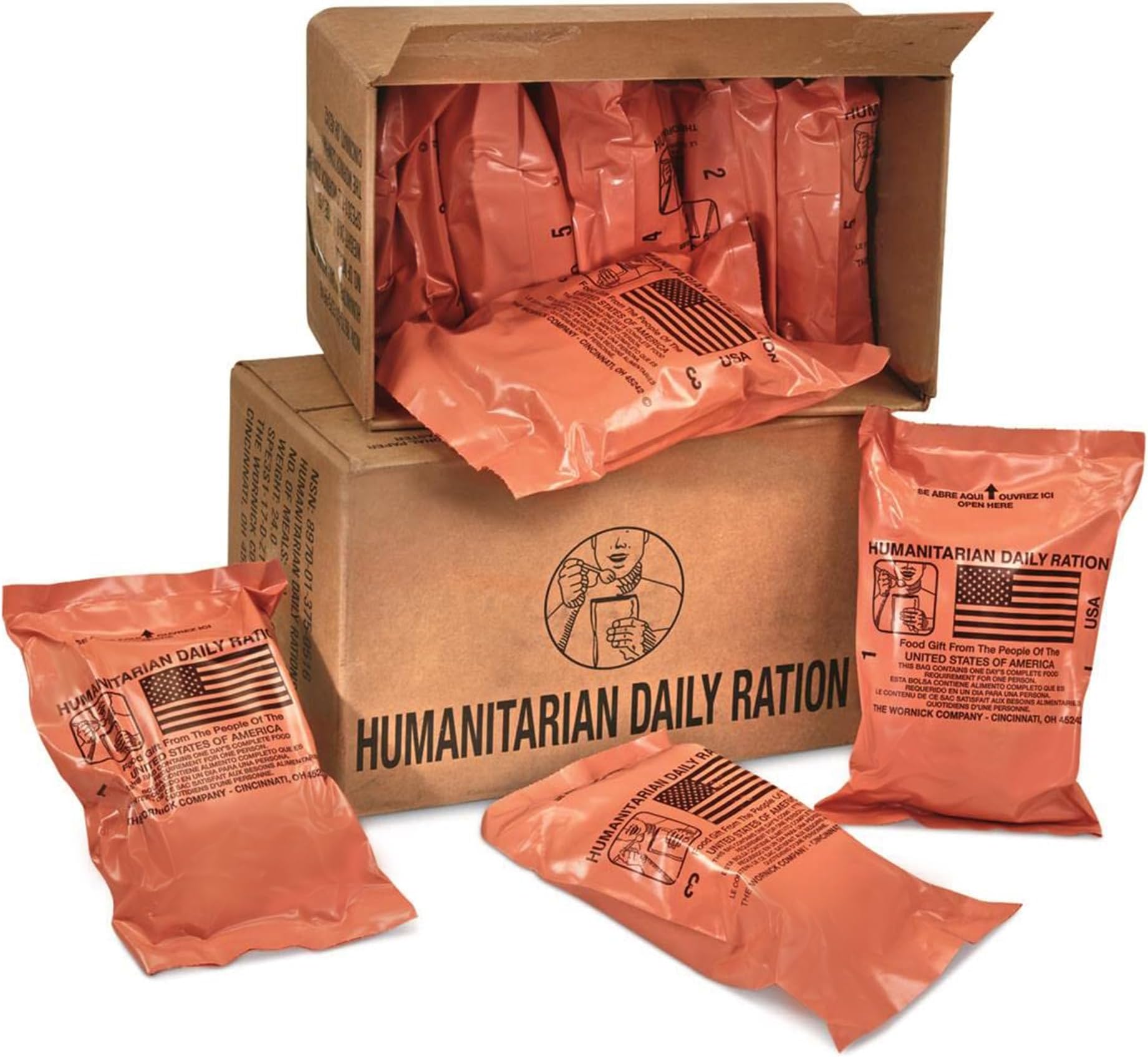 Humanitarian Daily Ration MRE Case – 5 US FEMA Emergency rations MRE Varieties - Low Sodium Pre cooked w/Entree, Side Dishes for Hunting, Camping & More, 10 pack, Inspection Date 1/2024 or Better.