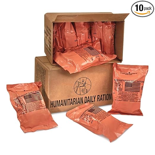 Humanitarian Daily Ration MRE Case – 5 US FEMA Emergency rations MRE Varieties - Low Sodium Pre cooked w/Entree, Side Dishes for Hunting, Camping & More, 10 pack, Inspection Date 1/2024 or Better.
