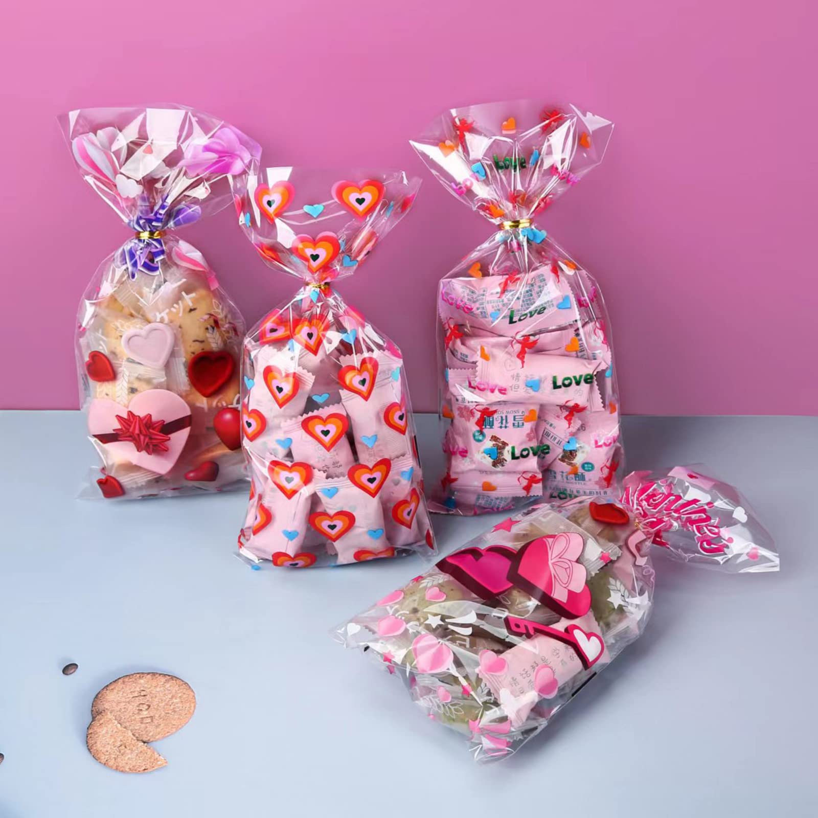 100 PCS Valentines Cellophane Treat Bags(5x11 Inch) With Ties