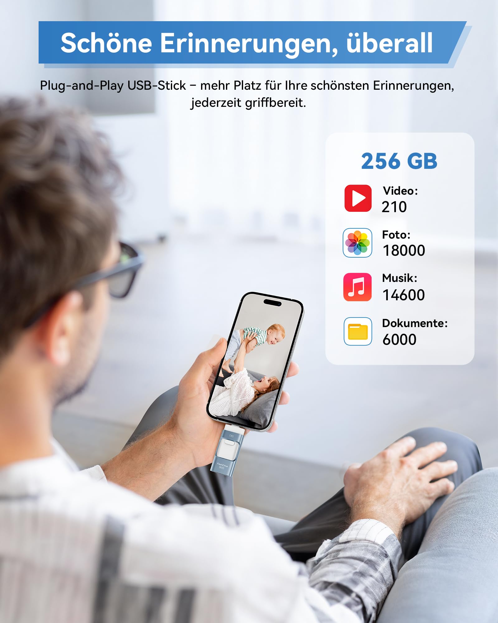 ZARMST USB Stick 256 GB für Smartphone, 4-in-1 USB 3.0 Speicherstick, Blau | Vielseitiges Flash-Laufwerk für Handys, Tablets, PC & Mac, Fotos & Videos sichern, Schnelle Datenübertragung, Dateiaustausch