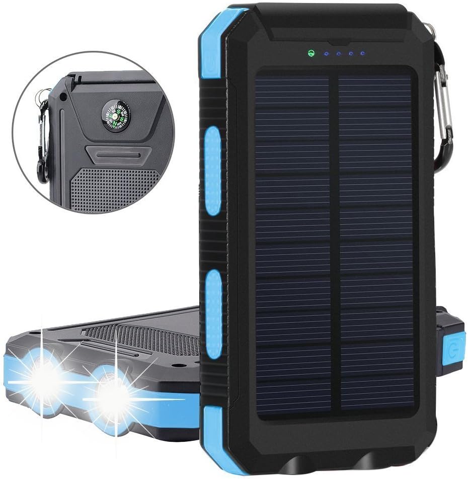 Tagital Solar Charger, Solar Power Bank 12000mAh External Backup Battery Pack Dual USB Solar Panel Charger with 2 LED Light Carabiner Compass Portable for Emergency Outdoor Camping Travel (Blue)