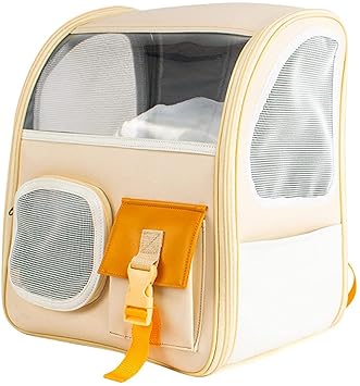 Emily Pets Cat Carrier Backpack, Large Pet Carrier Backpack for Cats and Dogs up to 16.5 Lbs, Breathable Cat Bag for Travel, Hiking and Outdoor Use(Beige)