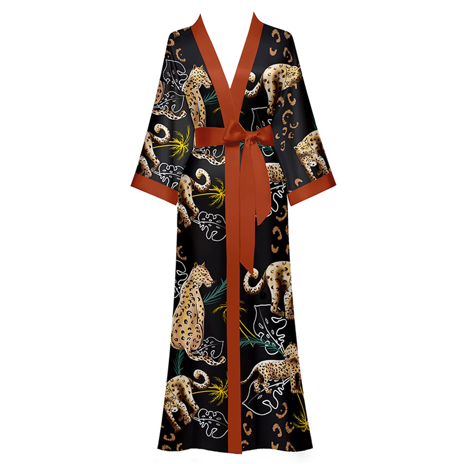Yemmert Bata de Kimono de Satén para Mujer, Bata de Kimono de Satén con Cuello en V para Mujer, Bata de Kimono Floral de Manga 3/4 con Cinturón