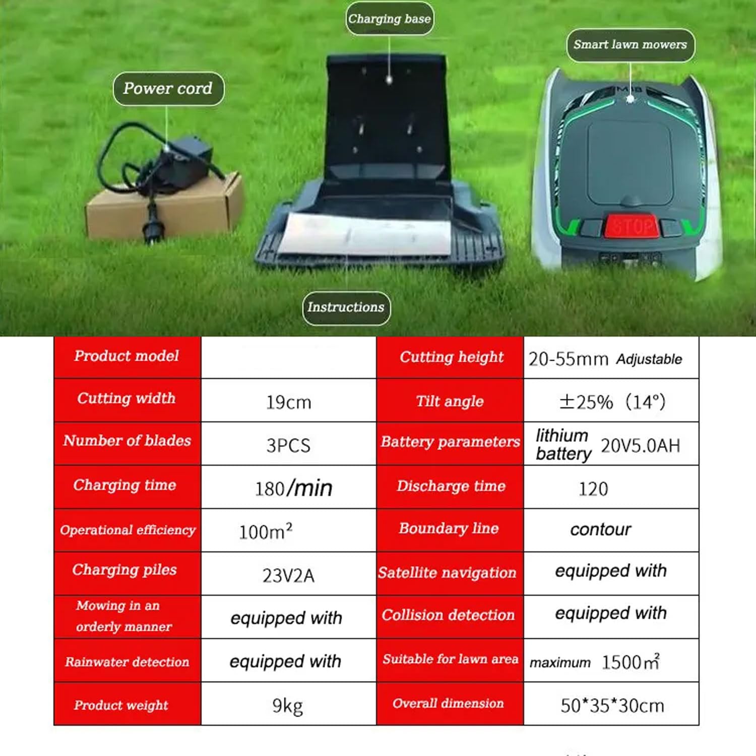 Robot Cortacésped para Césped De 1500 M2, Robot Cortacésped Automático Inteligente con Navegación GPS, Pendiente del 25%, Ultra Silencioso, Batería De Litio De 5.0Ah, Altura De Corte 20-50mm