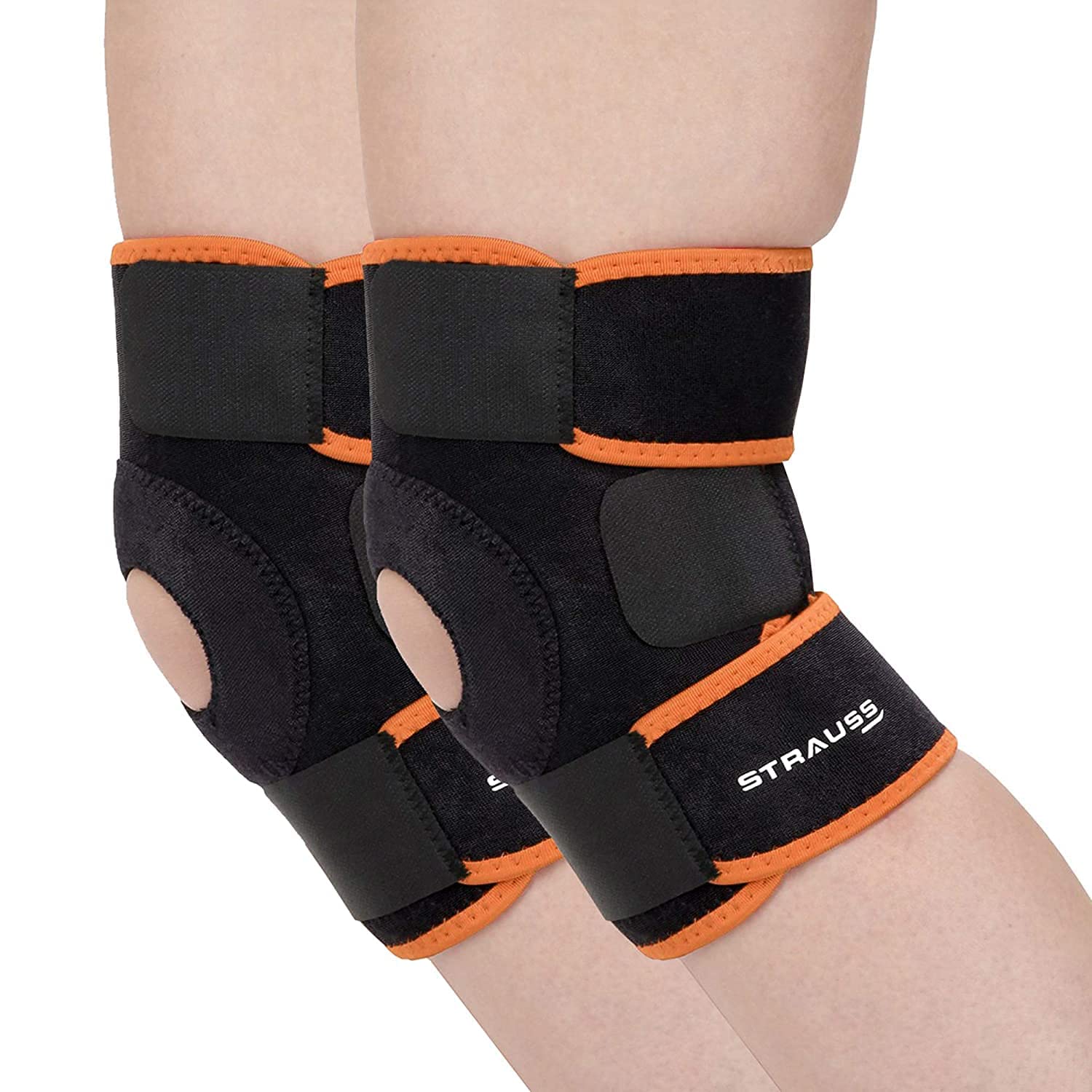 STRAUSS Adjustable Knee Support Patella|knee support for men and women|knee cap|Knee brace|Knee Guard |Knee Cap|Knee pain relief |Knee belt|Joint pain relief | Pair (Free Size, Black/Orange) (B084D6S8DQ) Amazon Price History, Amazon Price Tracker