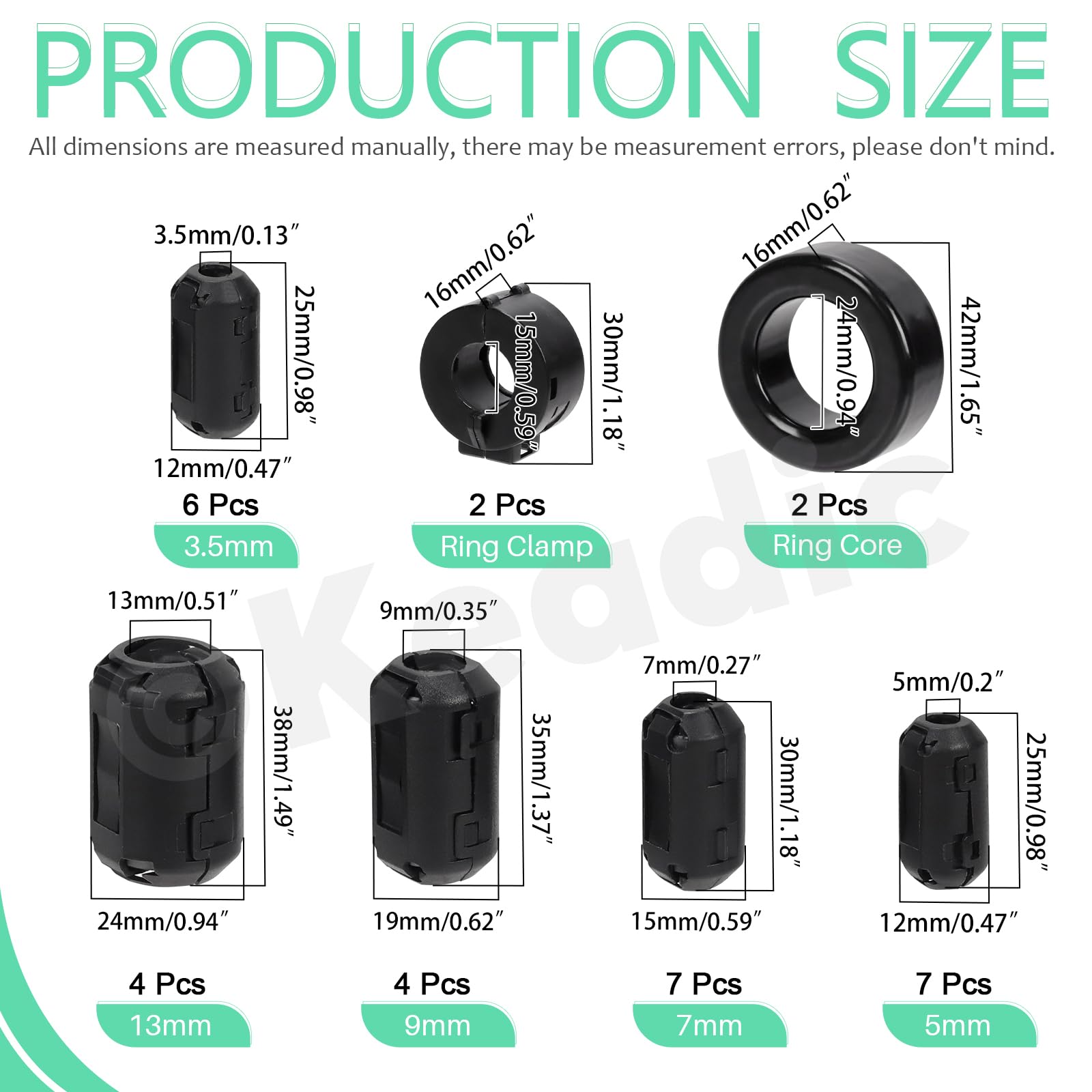 Keadic 32Pcs Clip-on Ferrite Ring Core RFI EMI Noise Suppressor Cable Clip Set, Anti-Interference Cable Clip for 3.5/5/7/9/13/15/16mm Inner Diameter Telephones Tvs Speakers Radio Audio