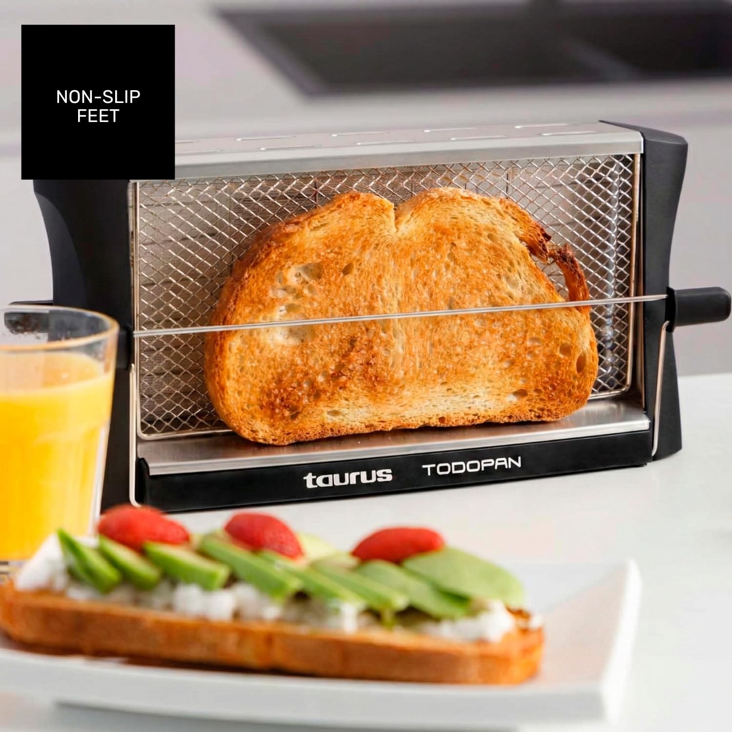 Taurus Todopan - Grille-pain vertical 700W, Jusqu'à 4 tranches, Tige de support, Grille de sécurité, Noir