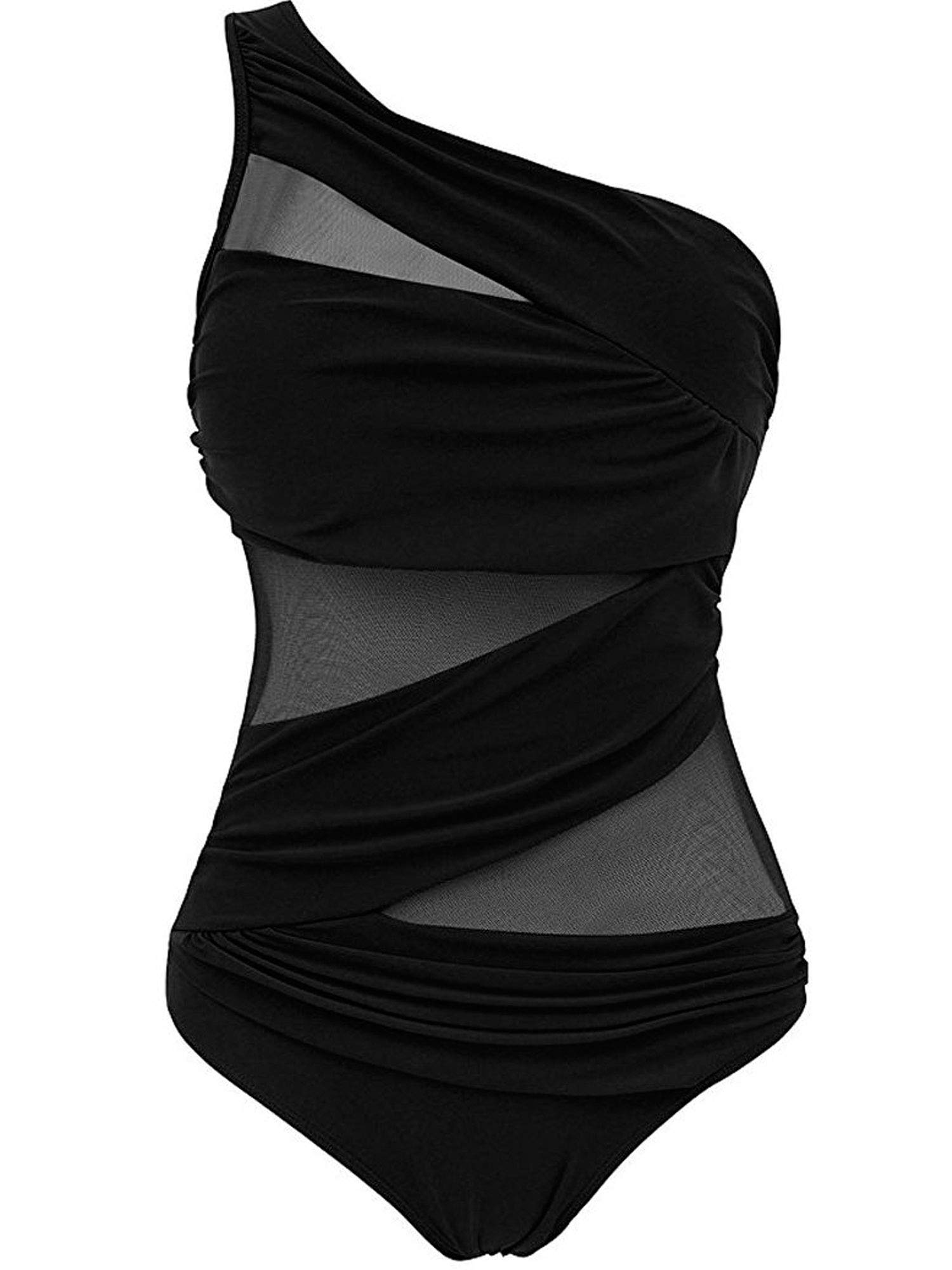 CHOSERL Women´s One Shoulder Swimwear Monokini Swimsuit See Through Mesh Bikinis One Piece Swimming Costume (Black, XXL)