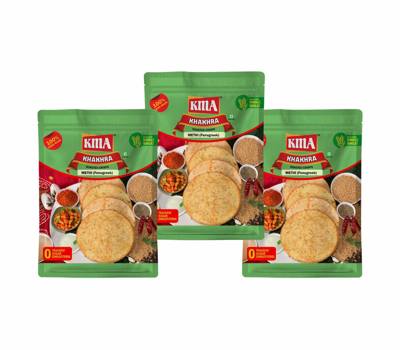 KMA Methi Khakhra (4 Packs * 200 Gram Each) - Handmade Roasted Fresh Jain Gujarati Snacks,Crispy & Nutritious With Rich Flavor Of Fenugreek Plant Based Snack,800 Gram