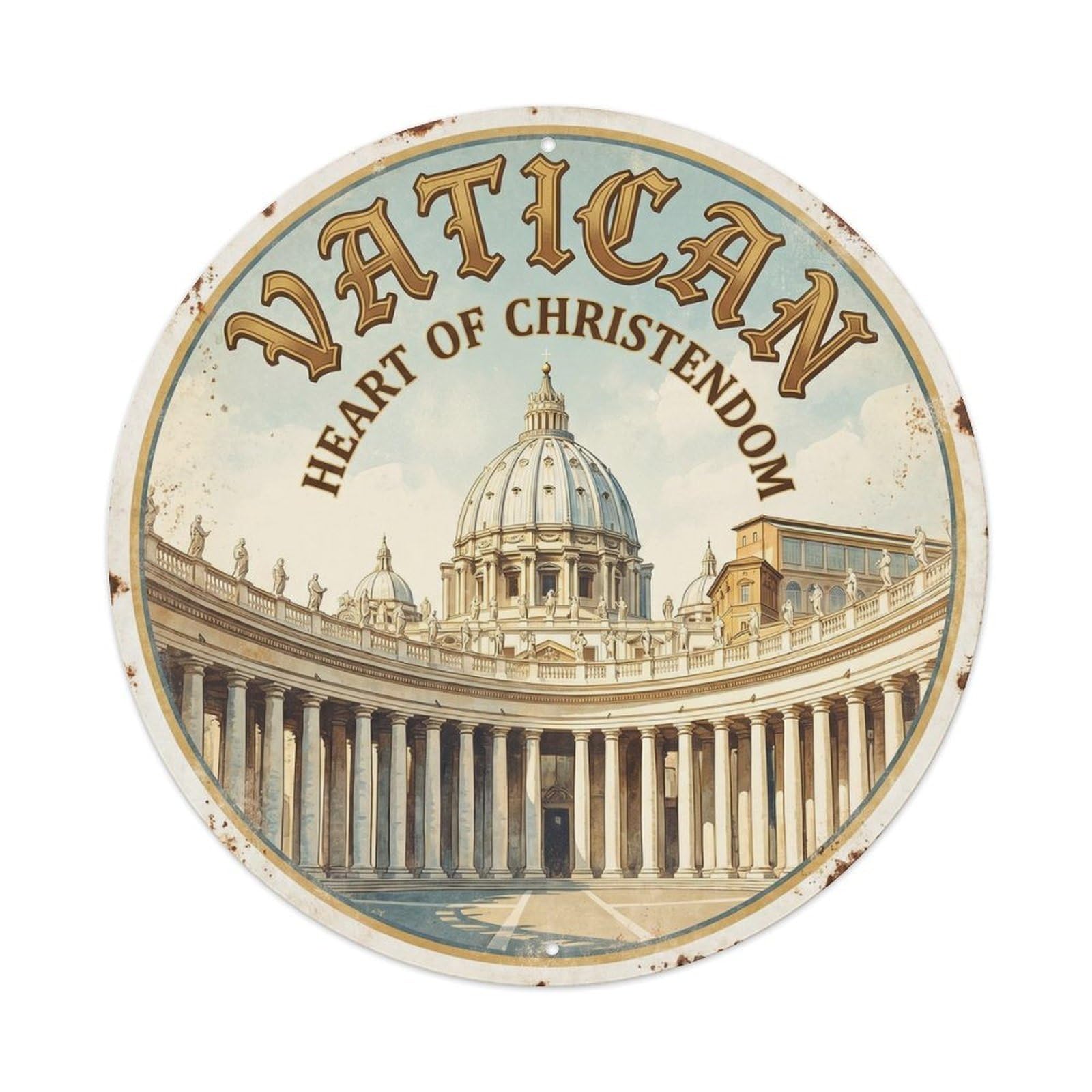 Vintage Travel Rome Vatican Basilica Metal Tin Sign Plaque Wall Decor for Cafe, Club, Garden Round Metal Poster 8x8Inch