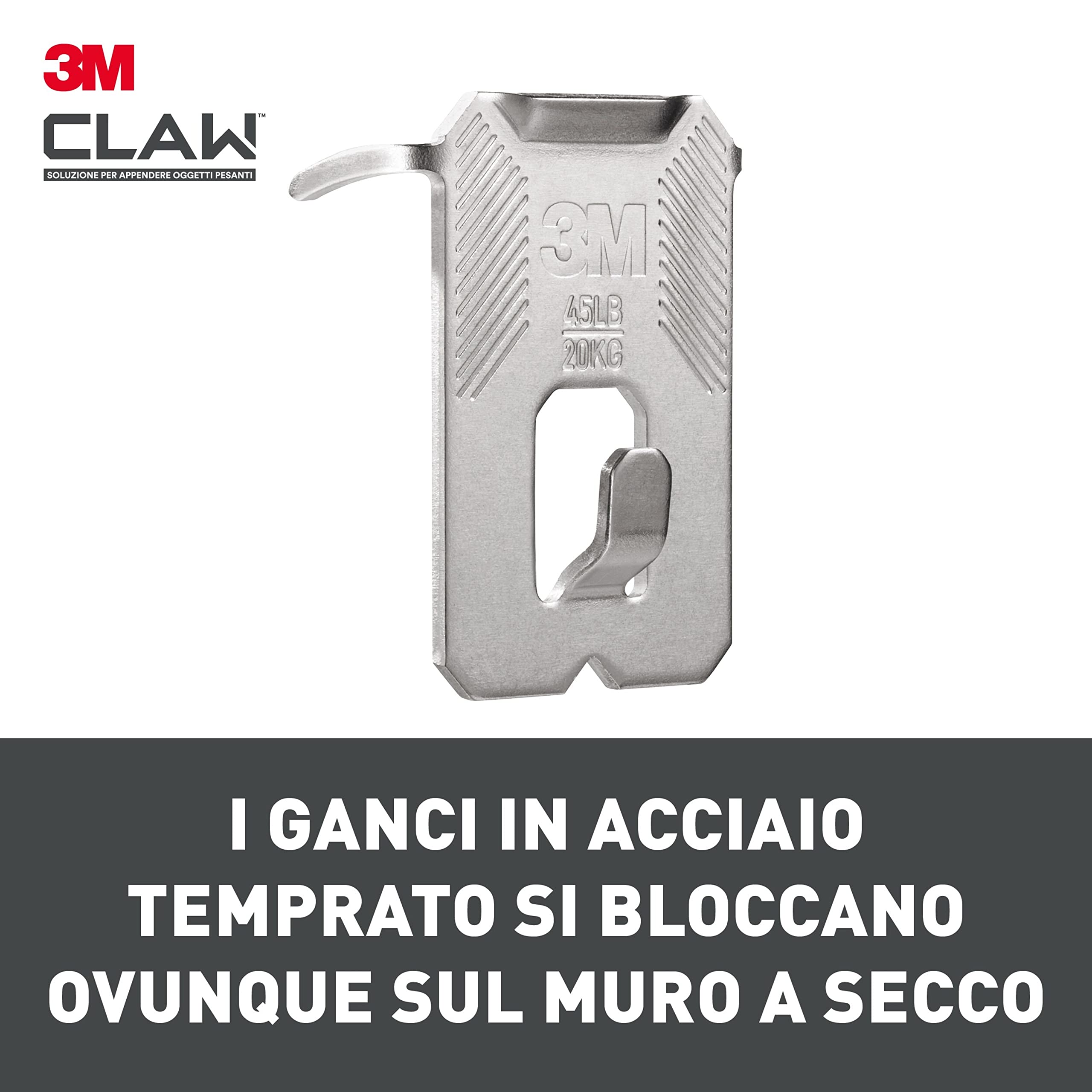 3M CLAW Gancio per Appendere Quadri su Cartongesso, 4 Ganci, Sostiene fino a 20 kg, Ottimale per il Fissaggio die Oggetti Pesanti, Specchi et Decorazioni per la Casa