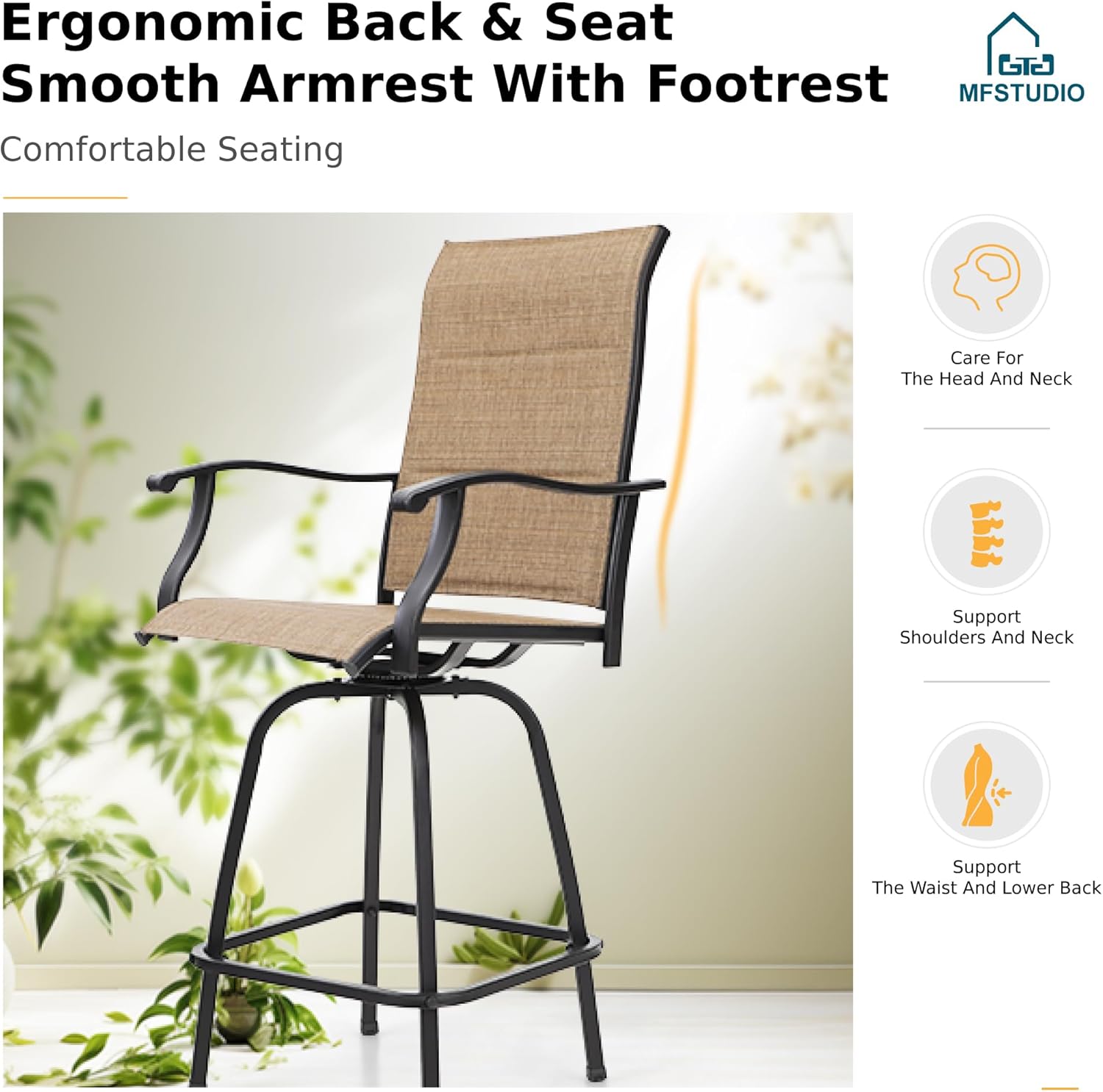 MFSTUDIO Patio Bar Set of 7, Outdoor Bar Height Table and Chairs, 1 x Heavy Duty Metal Slat High Top Bar Table with 6 x Swivel Outdoor Bar Stool, Foam Padded Fabric