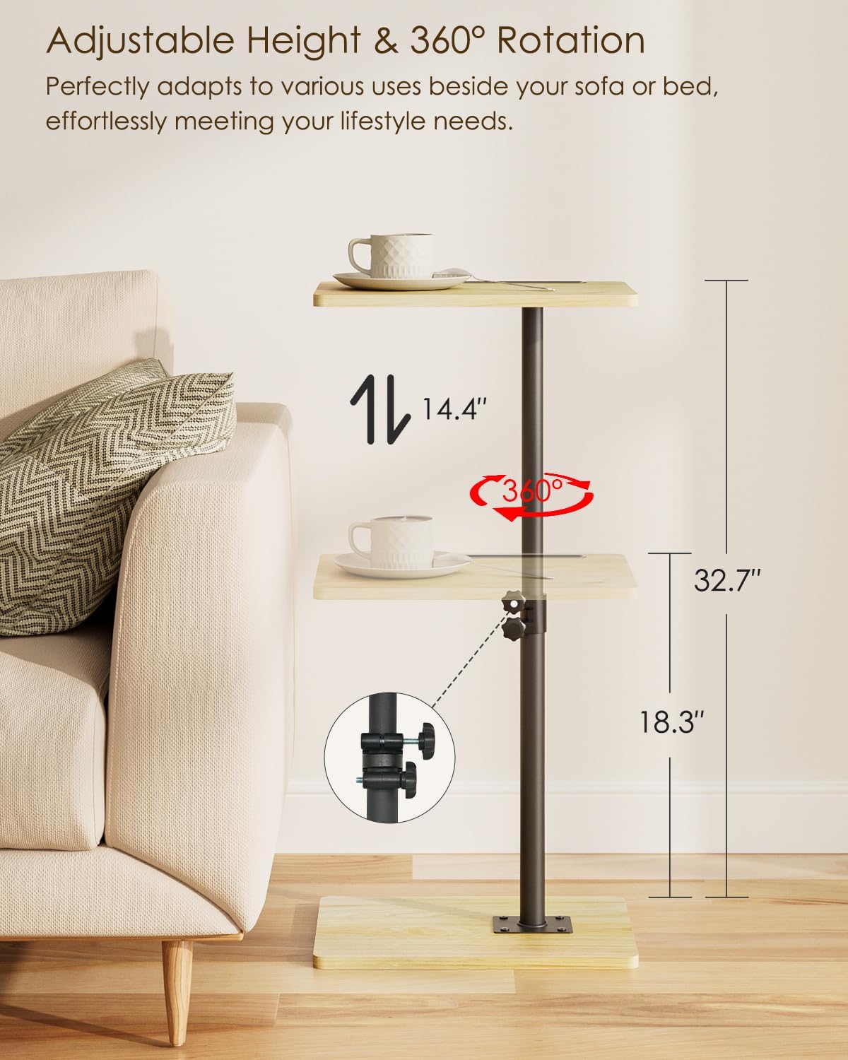 Masupu Sofa Arm Tray Table - 360° Swivel Height Adjustable End Table, Small Snack Side Table for Couch, C Shaped Table for Bed, Chair or TV Tray Table(Natural)