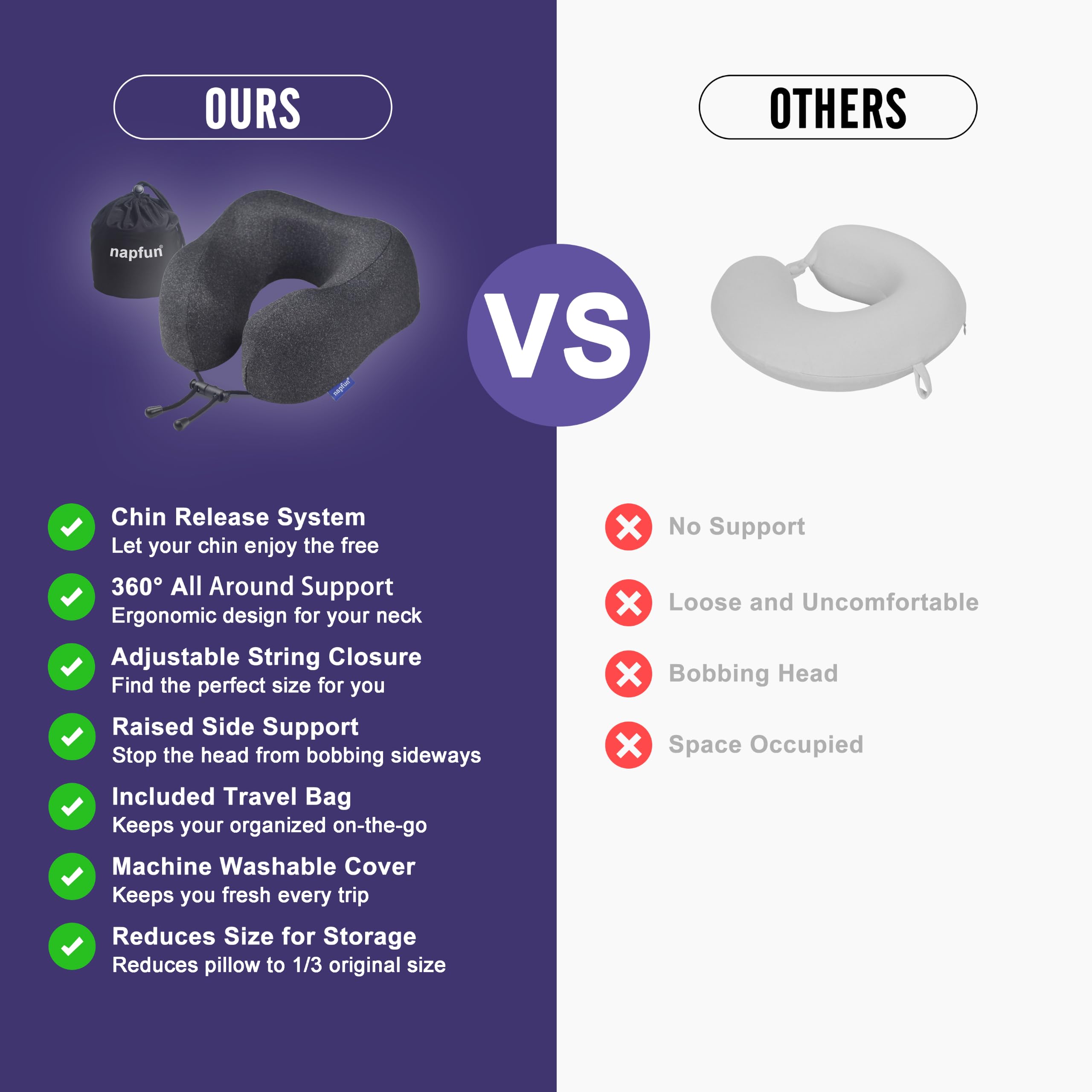 napfun Neck Pillow for Travel, Memory Foam Airplane Pillow, Full Black view 4