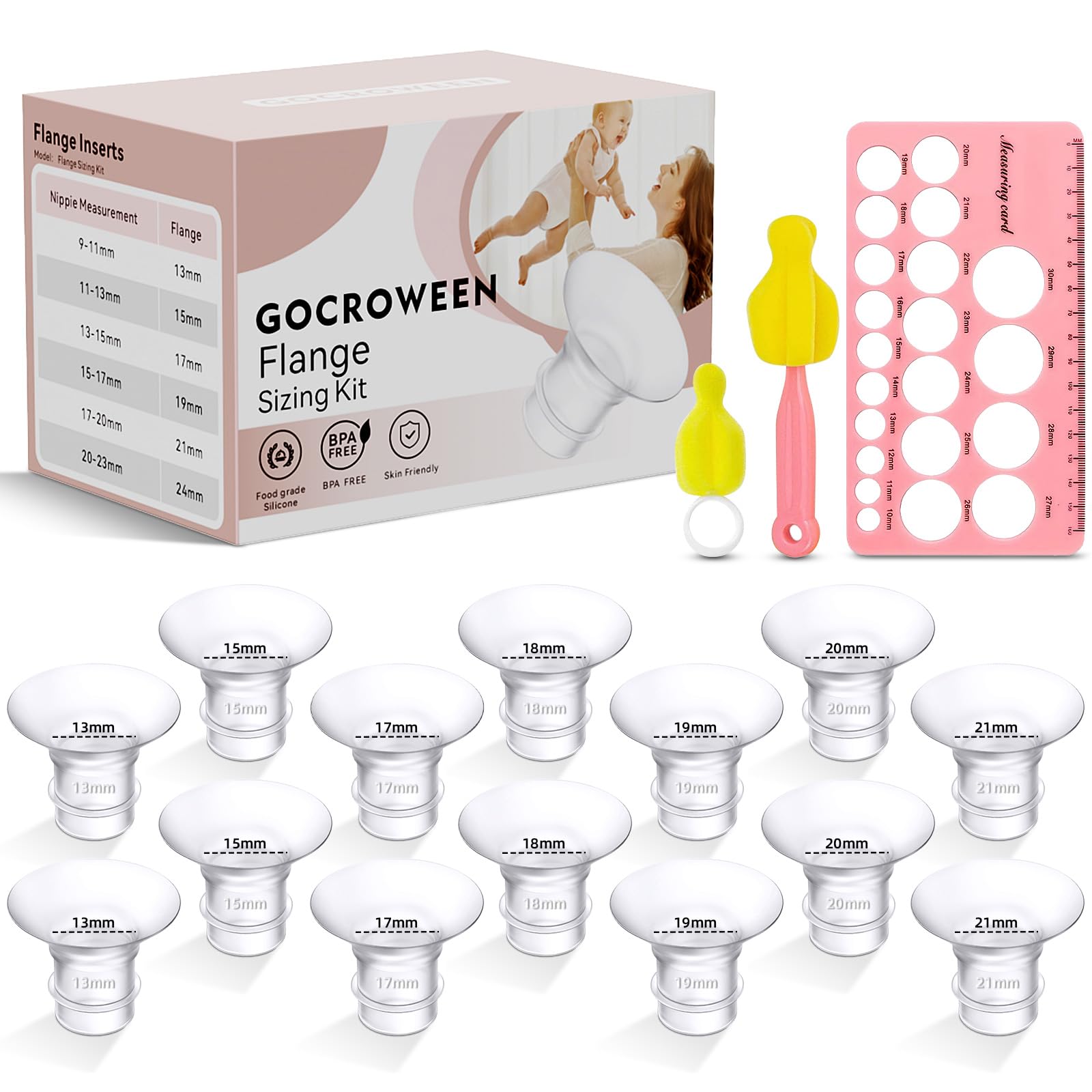 Flange Sizing Kit with 14PCS Flange Inserts 13/15/17/18/19/20/21mm, Nipple Ruler, Cleaning Brush, Flange Insert for 24mm Breast Pump，Flange Sizing
