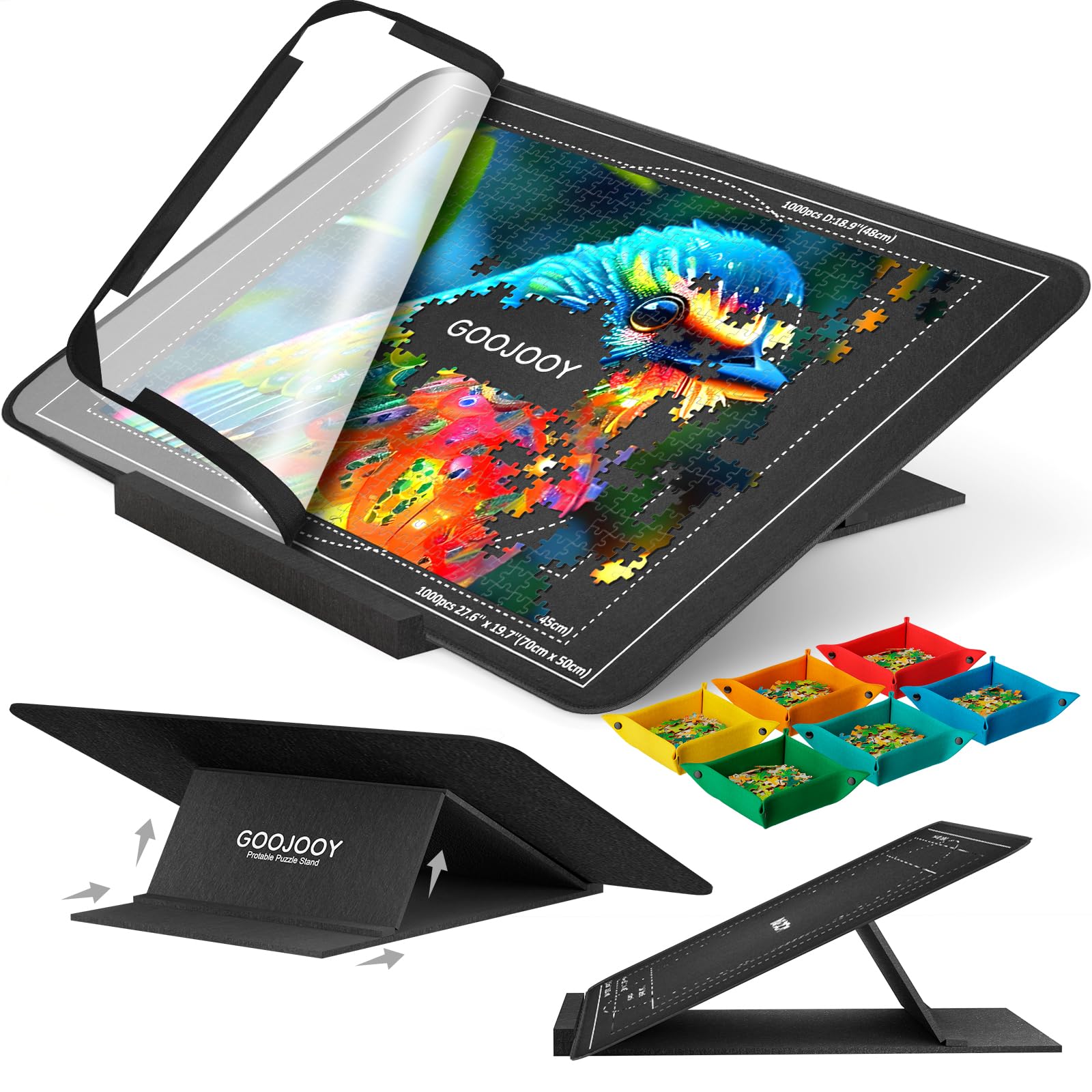 GOOJOOY Jigsaw Puzzle Board with Felt Adjustable Foldable Stand, Lightweight Portable, Jigsaw Board 81 cm x 56 cm, Suitable for Up to 1000 Pieces, Includes 6 Puzzle Sorters + 1 Cover