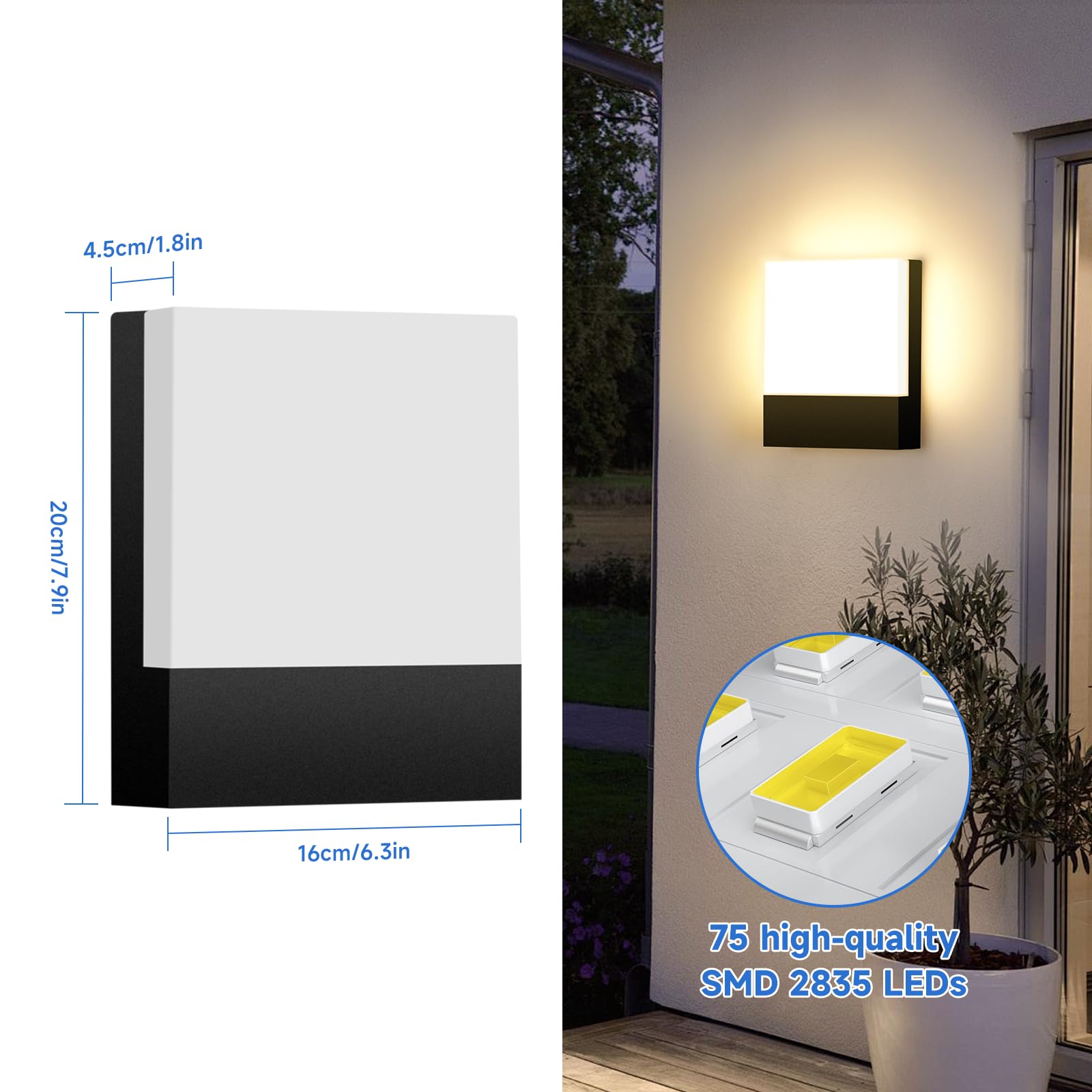 ledmo 15W Applique da Parete Esterno/Interno 3000K Bianco Caldo 2 Pezzi Applique Esterno IP65 Impermeabile Nero Lampade da Parete