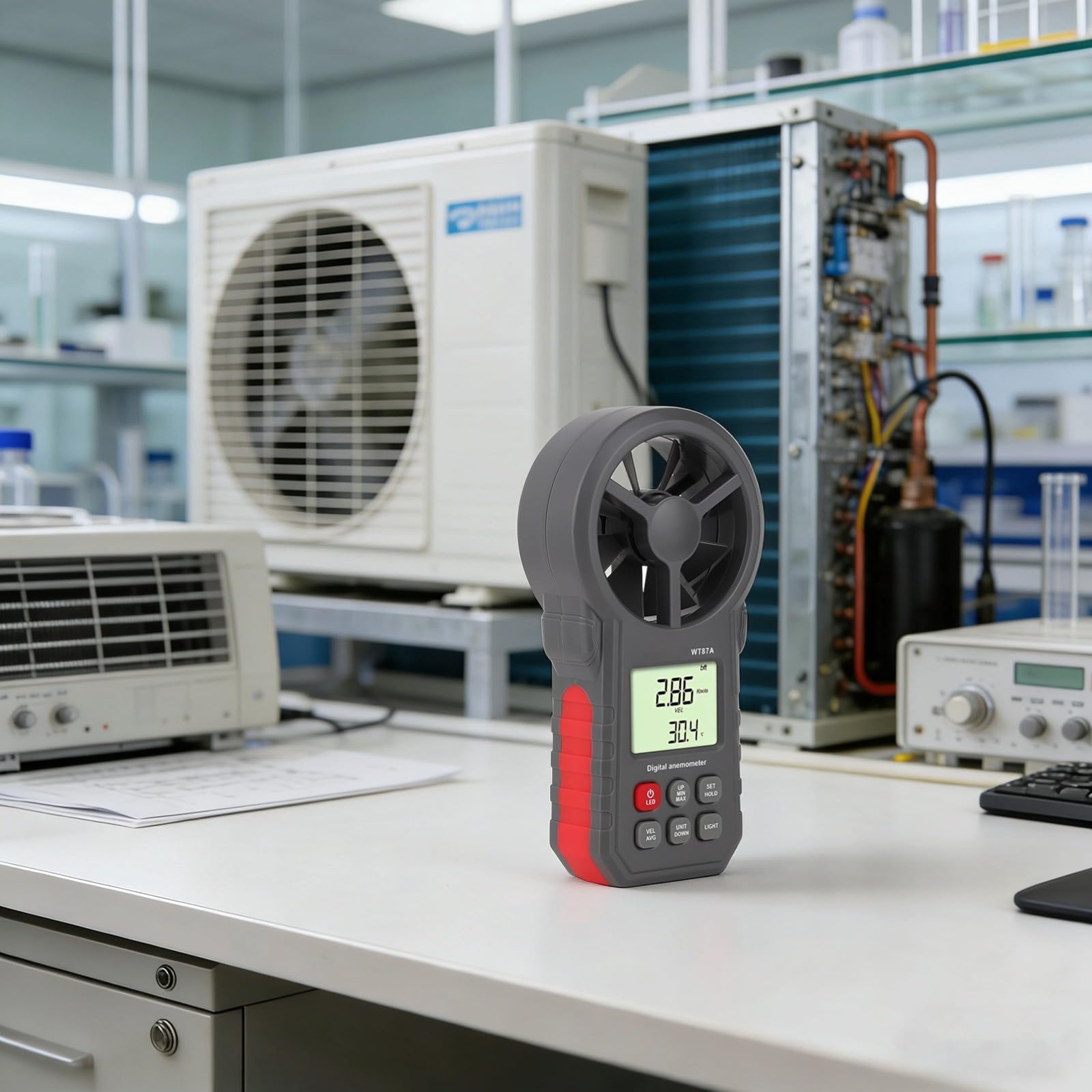 WT87A - Medidor digital de velocidad del viento, anemómetro de mano de alta precisión, lecturas máximas, mín./promedio, LCD retroiluminado, pantalla de temperatura del viento multiunidad, 7.1