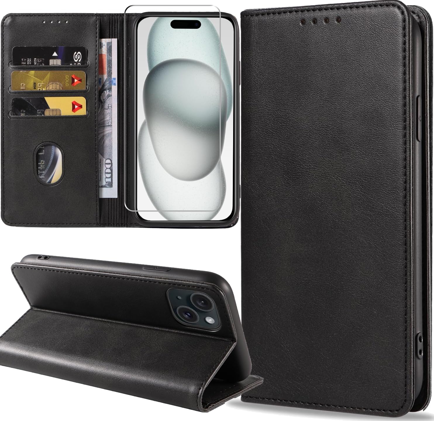 ZYIMOU Handyhülle für iPhone 15 Hülle mit Schutzfolie, Leder Schutzhülle Standfunktion Kartenfach Wallet Klapphülle iPhone 15 Flip Case Cover, Schwarz
