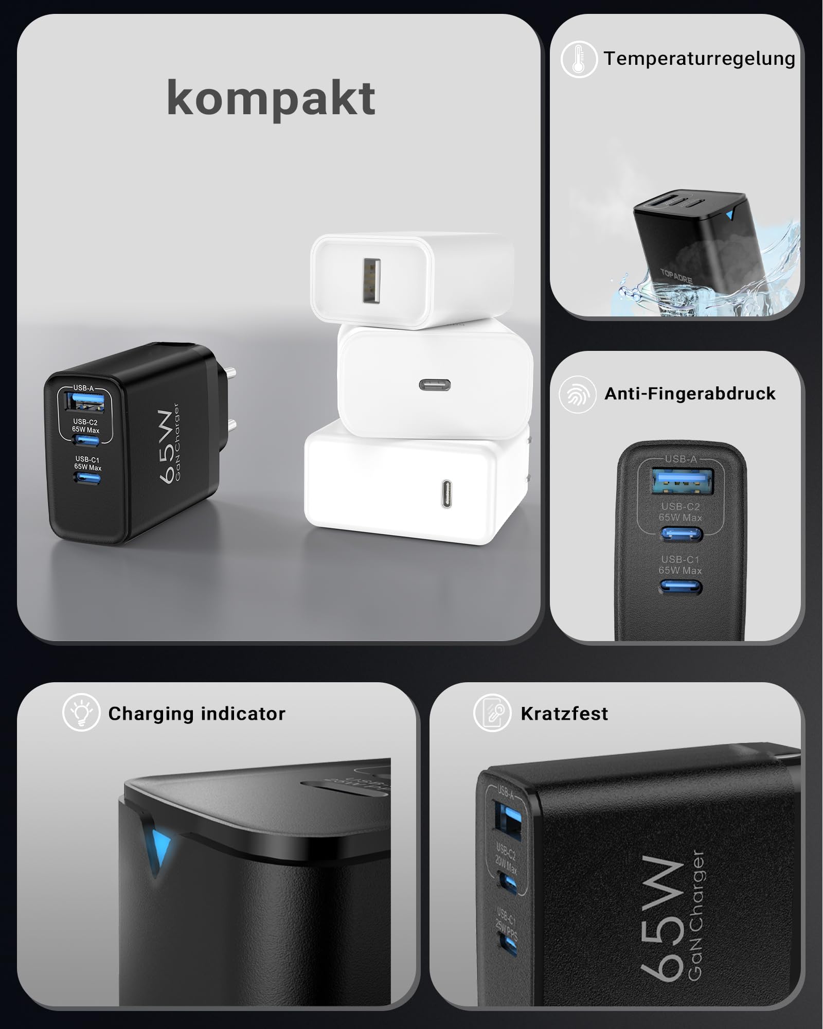 Caricabatterie 65W con USB-C, confezione da 2 con 2 cavi di ricarica da 60W (2 m), caricabatterie rapido USB-C compatibile con MacBook Pro/Air, iPad, iPhone 17/16/15 Pro Max e Galaxy S25/24/23. Nero