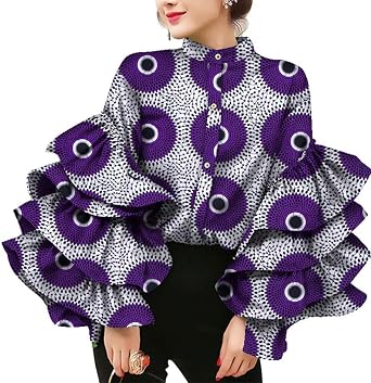 BAZINRICHE Women African Print Long Sleeves Top Shirt Dashiki Square Collar Shirts Ankara Clothing