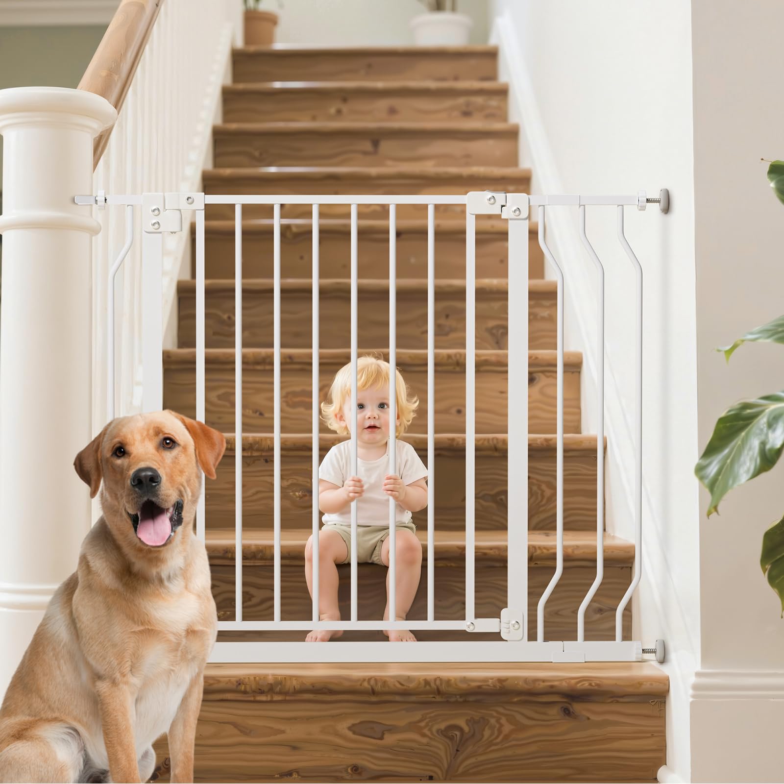 Baby Gate for Stairs, Baby Safety Essentials, Auto Close Gate for Doorways, Easy Install Pressure Mounted Dog Gate Indoor, Pet Gates for Dogs, White