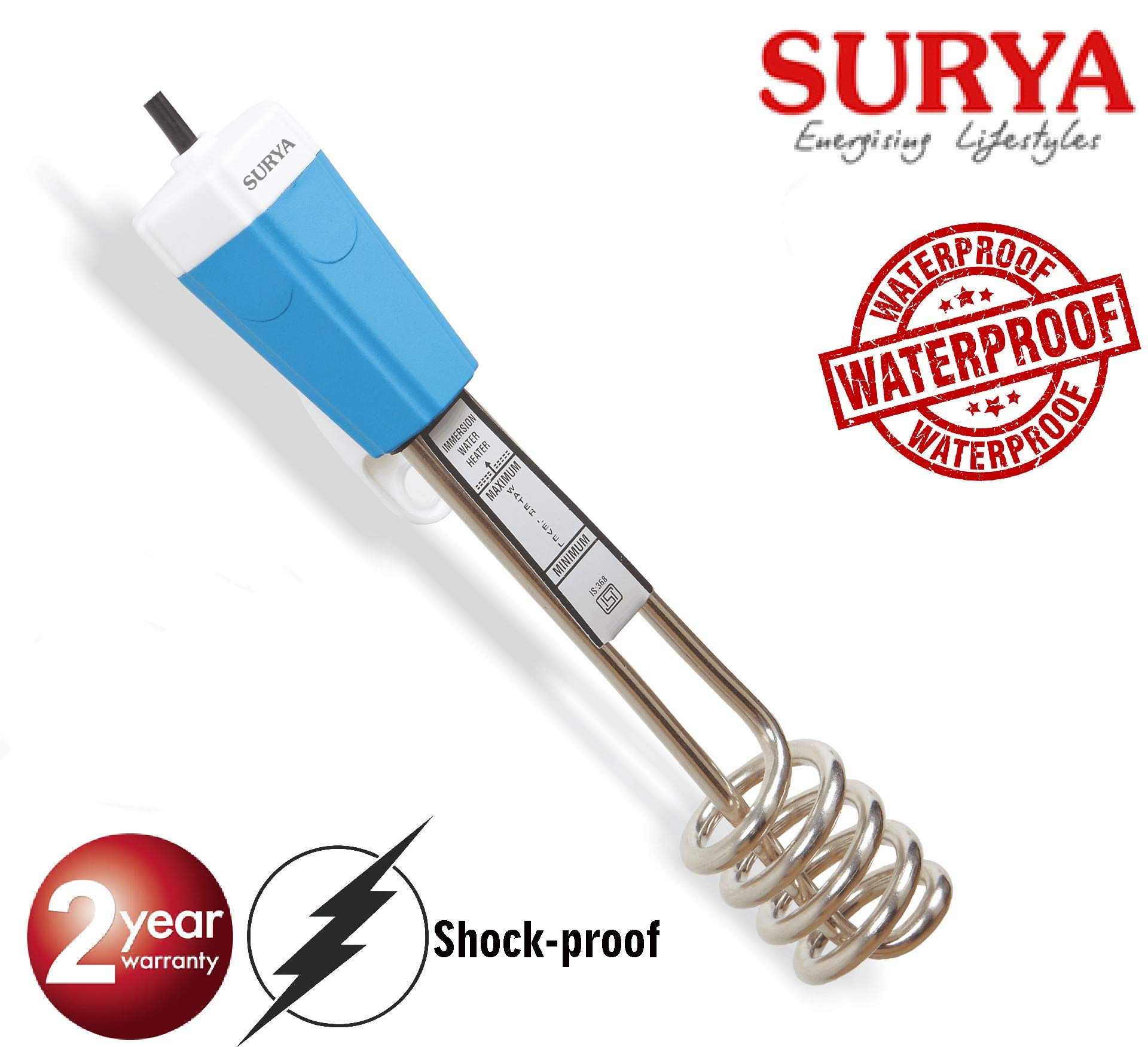 Buy SURYA ROSHNI® 1500-W Immersion rod water heater Shockproof-Water Proof  with 2 Years Warranty,16A Plug u0026 Ultra-Fast Heating Technology; Blue Online  at Low Prices in India - Amazon.in