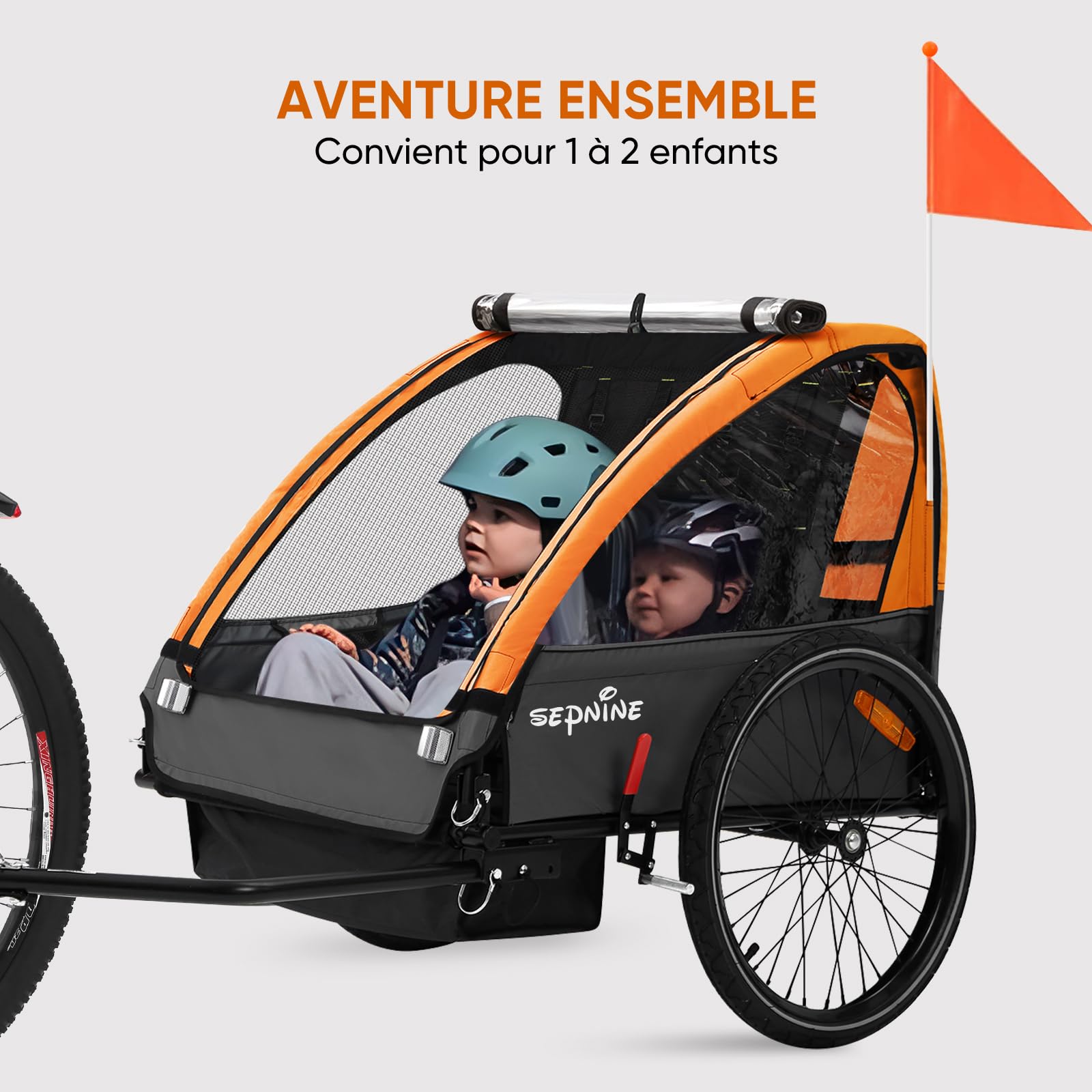 SEPNINE Remorque vélo Enfant, Remorque Enfant,Biplace Enfants Tout-Terrain Pliable avec Frein à Main Orange