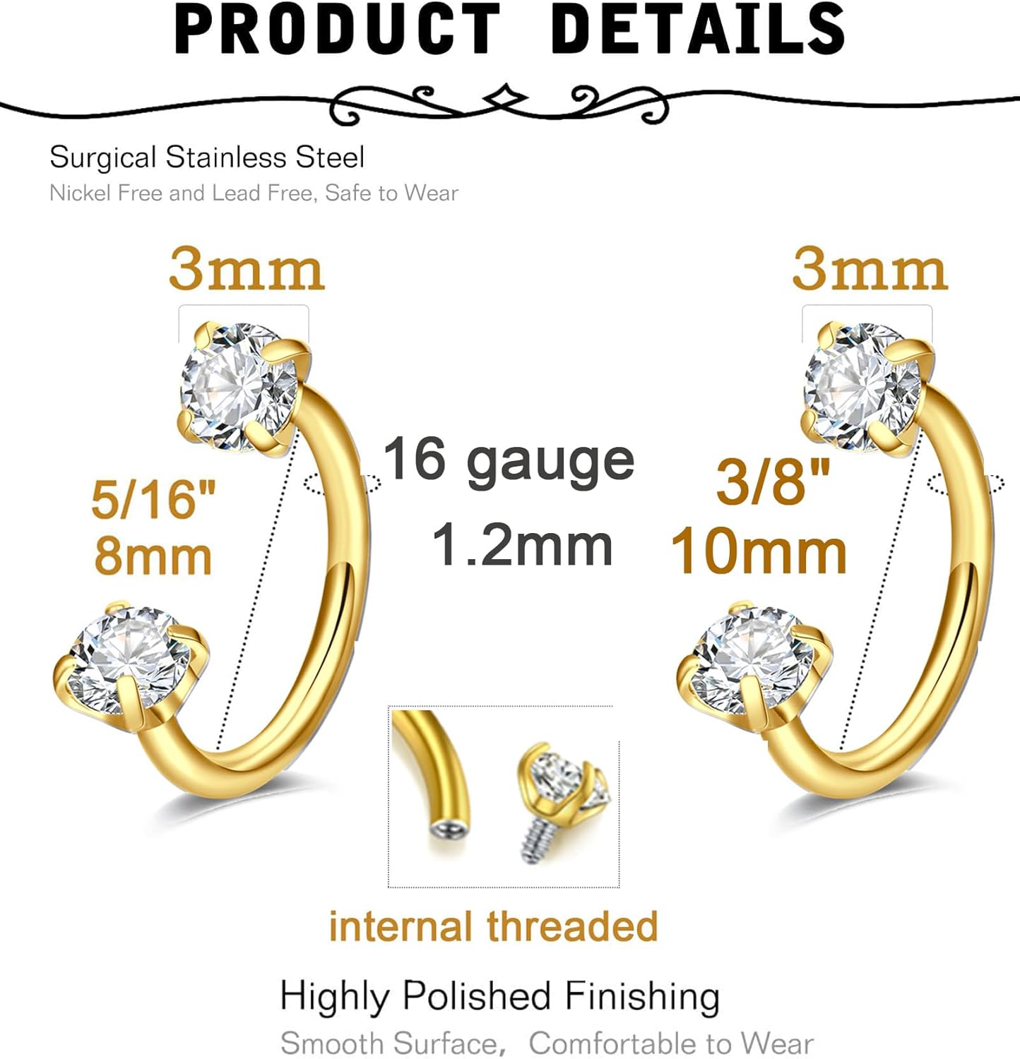 MODRSA Silver Gold Black Septum Rings 16g Horseshoe Nose Ring Double Gem Halloween Septum Piercing Jewelry for Women Men Surgical Steel Cartilage Tragus Earring Half Hoop Lip Labret Jewelry 8mm 10mm - Image 2