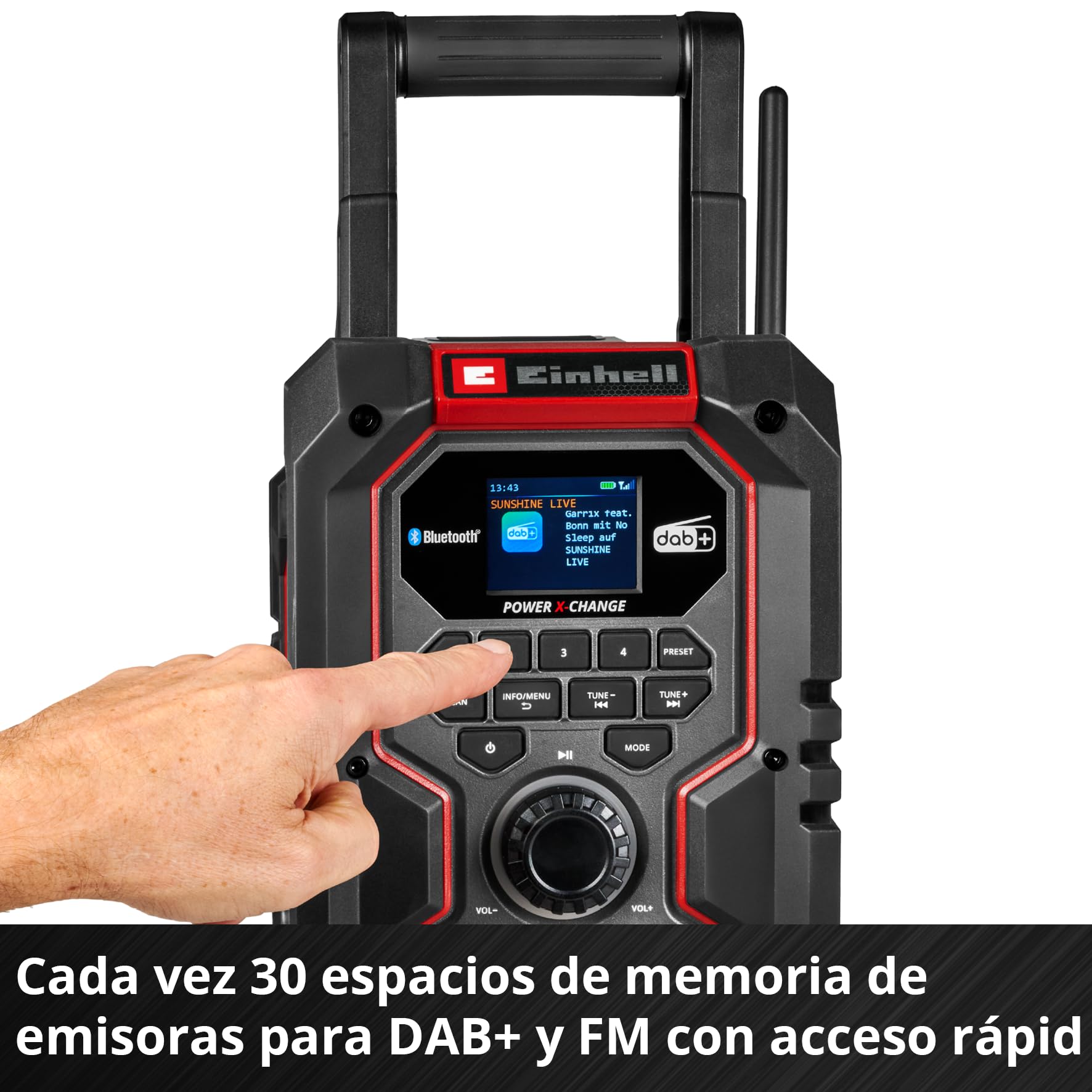 Einhell Radio de obra con batería TE-CR 18 Li DAB+/FM/BT - Solo Power X-Change (18 V, DAB+, FM, Bluetooth, AUX, USB, búsqueda automática de emisoras, pantalla TFT a color, IP65, sin batería)