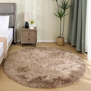 Latepis Large Round Rugs 6ft Light Brown Beige Circle Faux Sheepskin Rug Fluffy Fur Plush Shag Rug for Living Room Bedroom Carpet Plush Rugs Home Decor