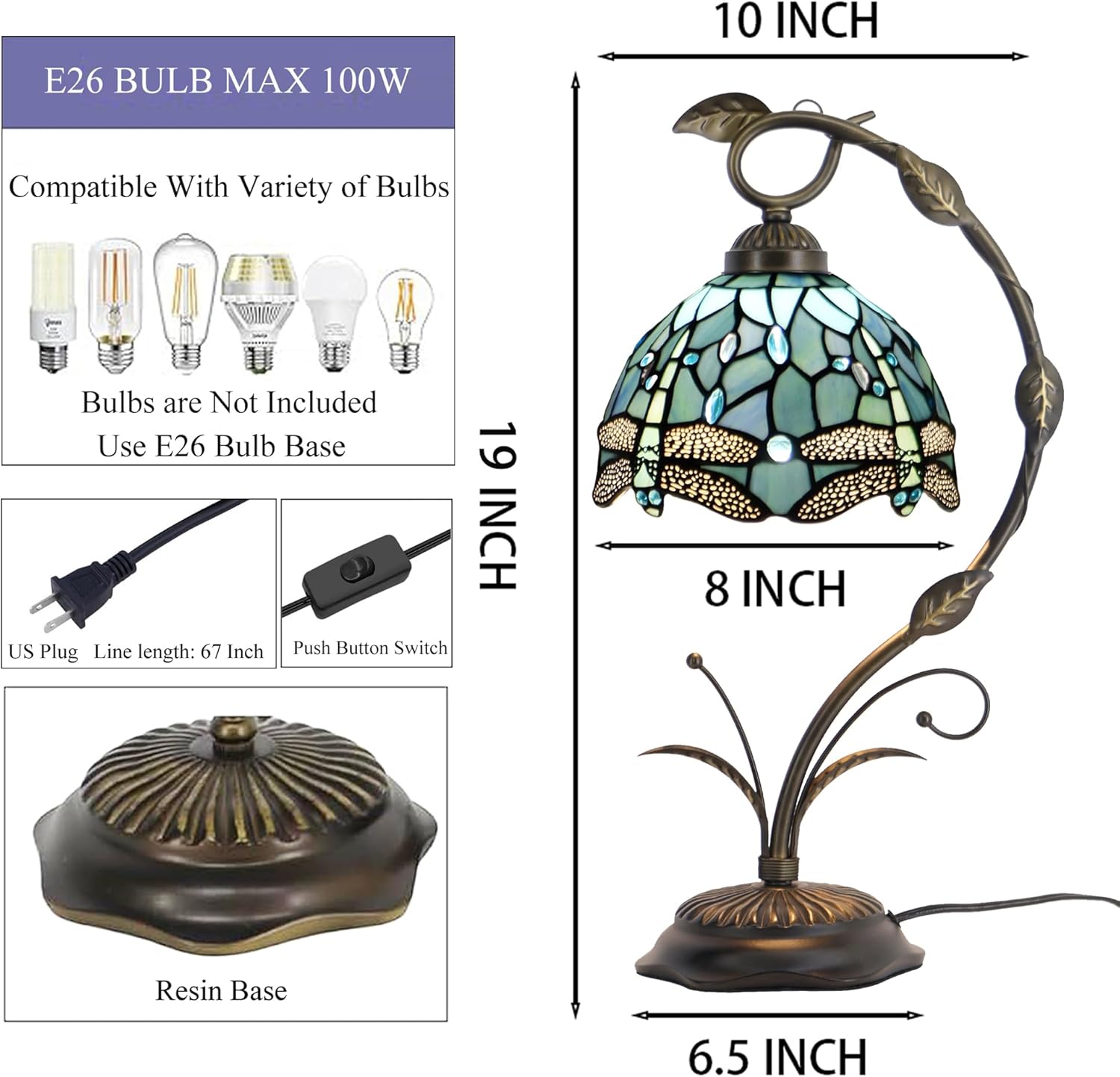 Tiffany Lamp Stained Glass Table Lamp Metal Leaf Base 8X10X19 Inch Reading Desk Light (Sea Blue Dragonfly)