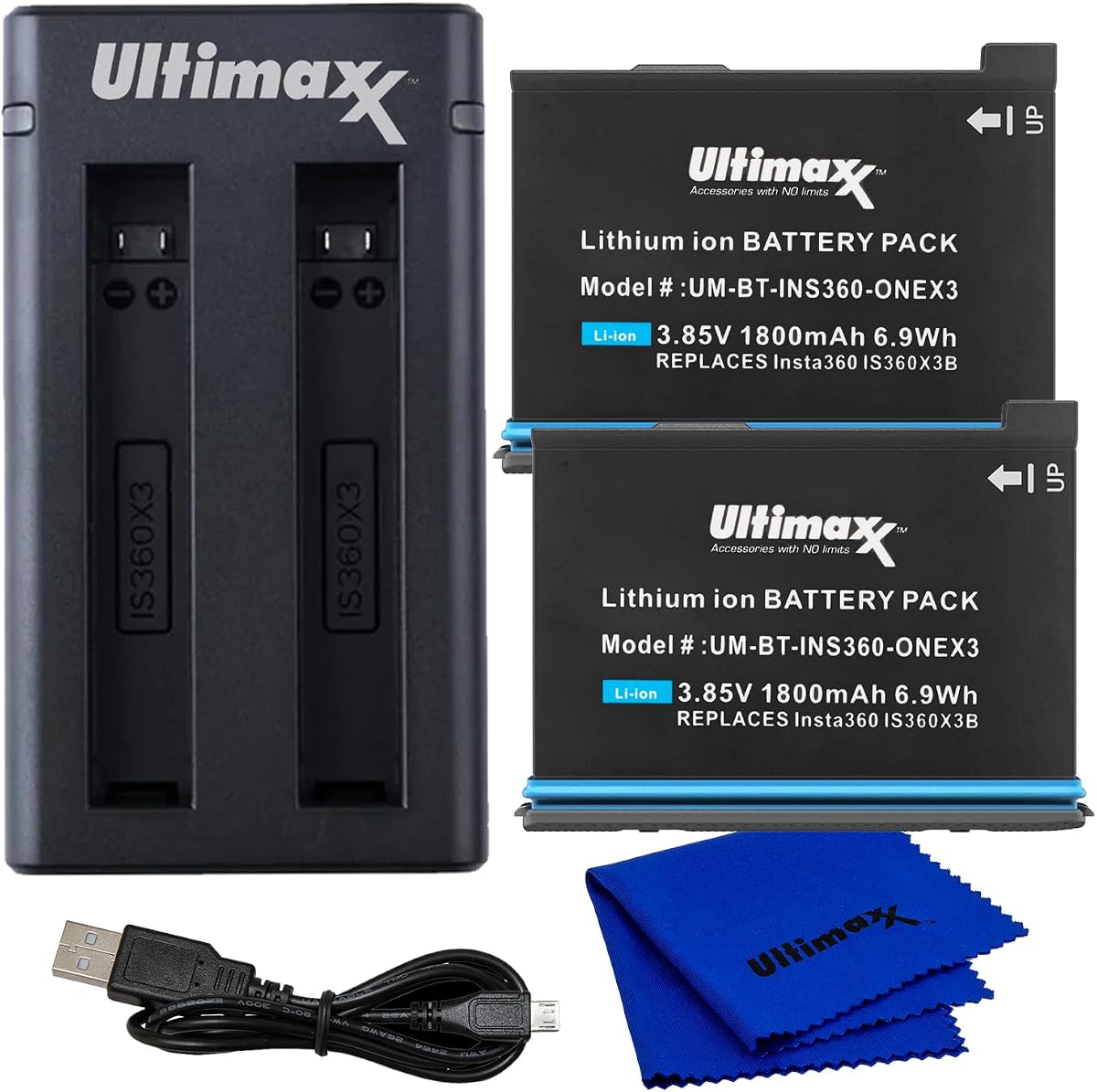 Ultimaxx Batería de repuesto Insta360 ONE X3 de 1800 mAh (paquete de 2) y paquete de cargador dual USB compatible con cámara de acción Insta360 ONE X3
