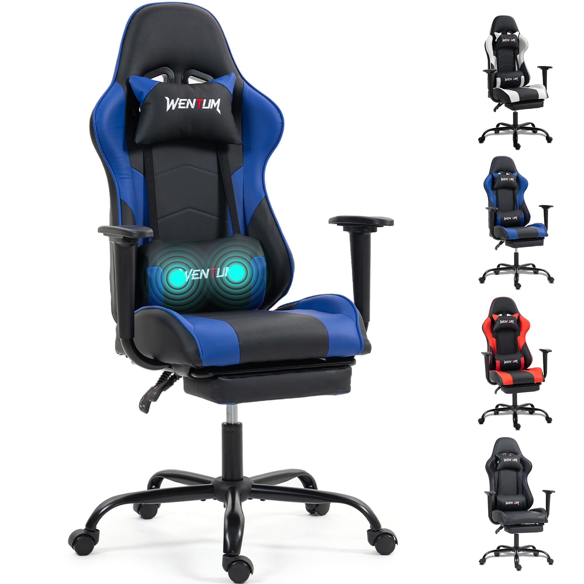 Gaming Chair with Footrest, Ergonomic PC Desk Chair with Headrest and Massage Lumbar Support, Video Game Chair with Height Adjustable High Back for Home Office, PU Leather, Blue