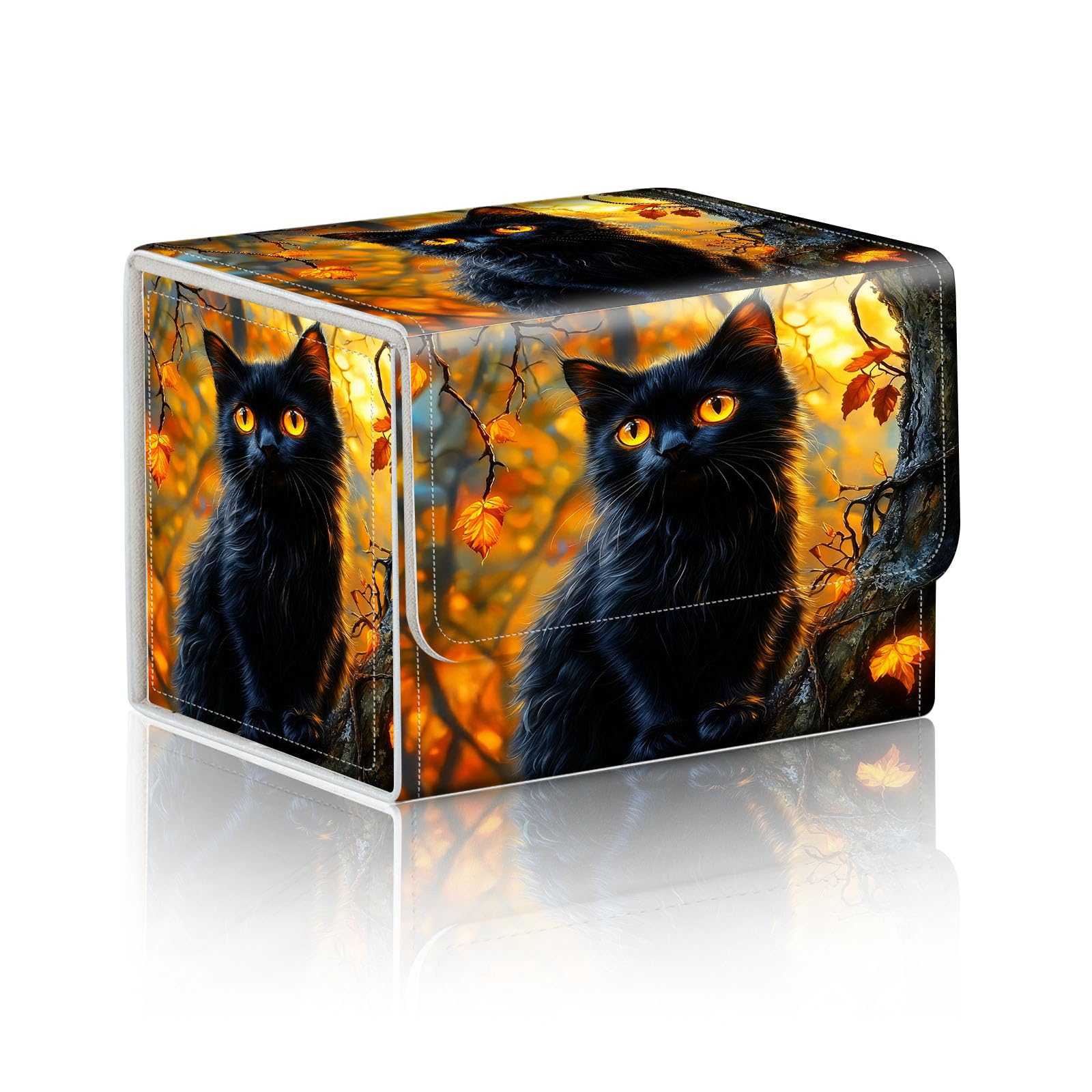DISUOFEART Trading Card Storage Box, Holds 100+ for MTG Cards, Premium PU Leather with Magnetic Closure, Black Cat In Autumn Tree Durable Deck Box for Magic the Gathering, Trading Card Games