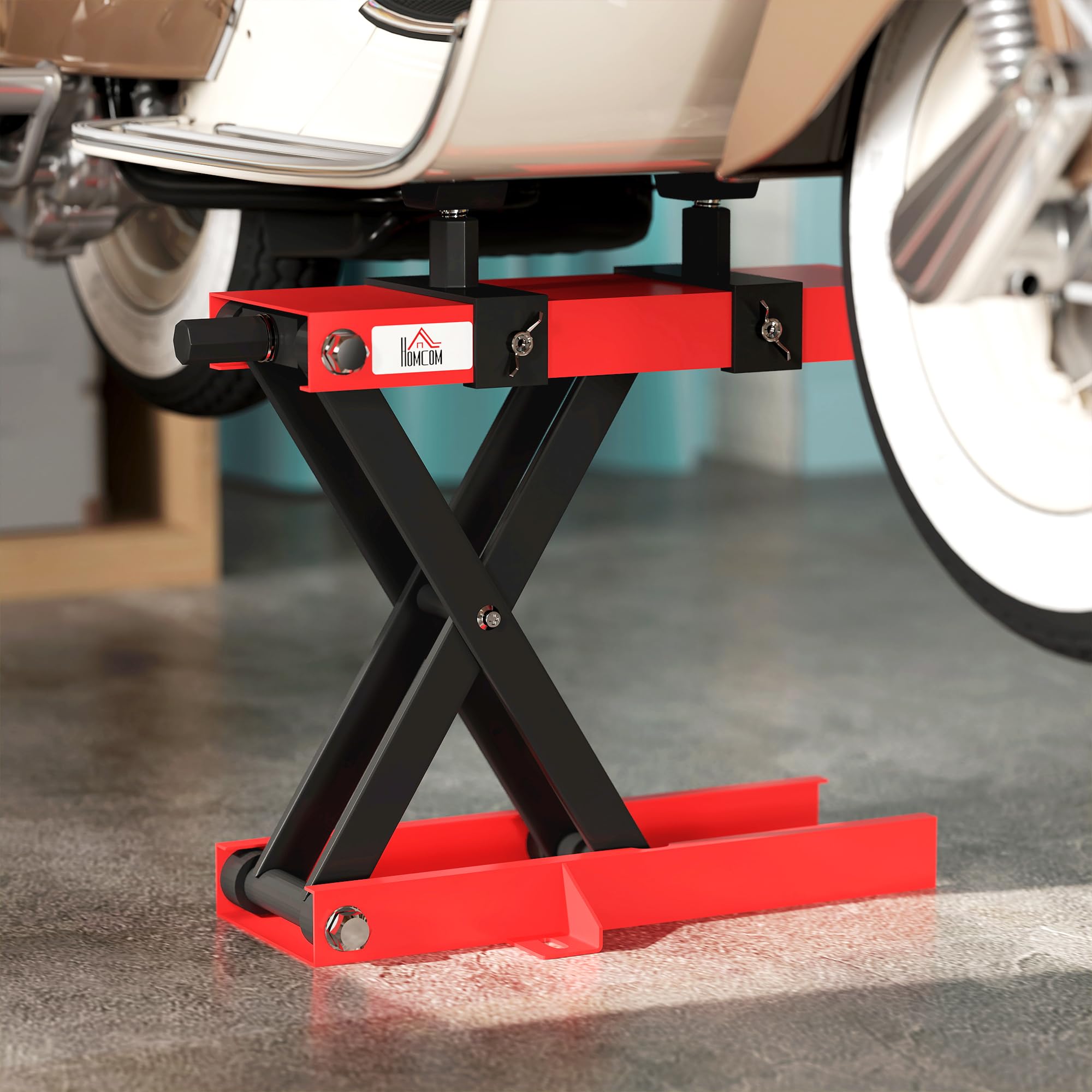HOMCOM Sollevatore Moto in Acciaio Max 500kg, Cavalletto Alzamoto Pieghevole con Altezza Regolabile 9.5-40 cm e Manovella, Piattaforma da 45x15 cm, Rosso