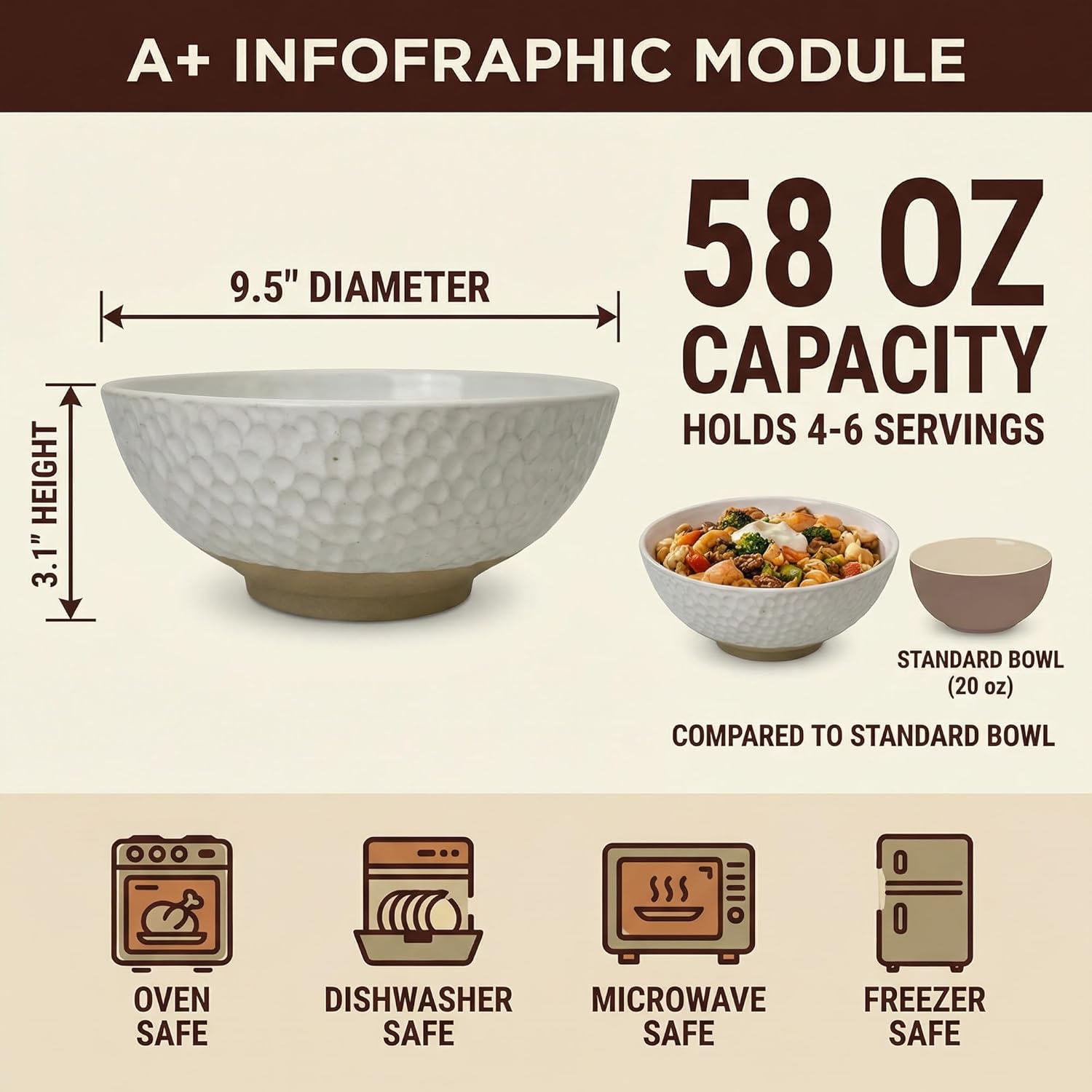 Large Ceramic Dinner Bowl Set - 2-Piece Handmade Salad Bowl Set, 58 oz Each, Dishwasher and Oven Washable, Vanilla White 9.5”