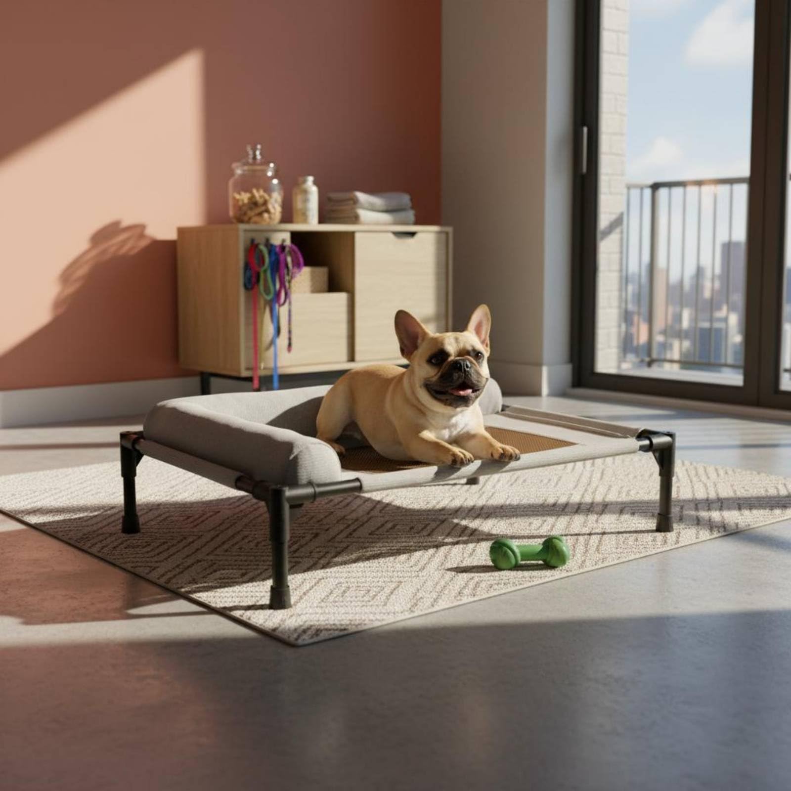 Letto Rialzato Animali Domestici Cot Sollevato Centro Mesh Cuscino Avvolgente Struttura Stabile Tessuto Moderno Pratico Adatto Gatti Casa Giardino, Verde, L