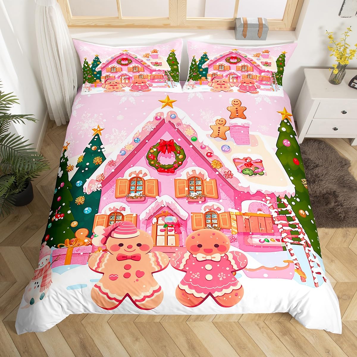 Housse de couette rose 140x200 avec taie motif maison pain d'épices