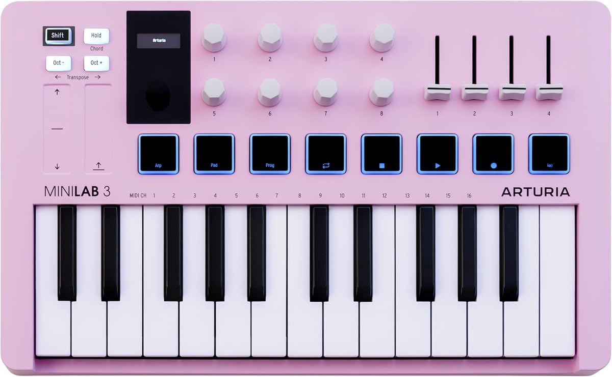 Arturia MiniLab Teclado controlador MIDI USB de 3-25 teclas con 8 pads de batería multicolores, 8 perillas y software de producción musical incluido, cuarzo rosa | 8 pads de batería multicolores, 8 perillas y software de producción musical incluidos, cuarzo rosa