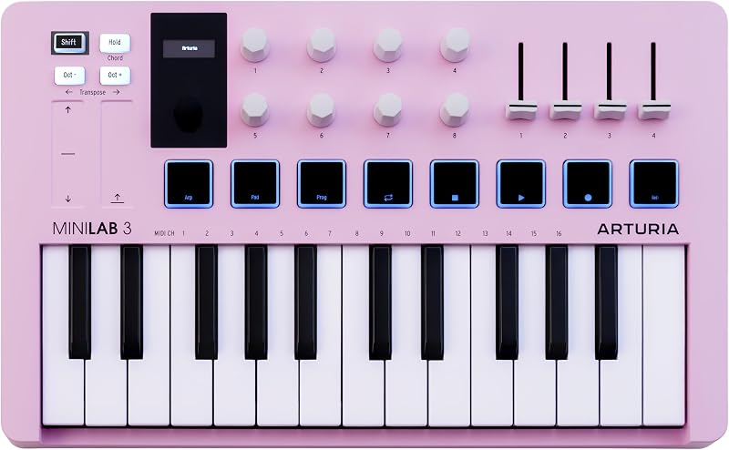 Arturia MiniLab Teclado controlador MIDI USB de 3-25 teclas con 8 pads de batería multicolores, 8 perillas y software de producción musical incluido, cuarzo rosa | 8 pads de batería multicolores, 8 perillas y software de producción musical incluidos, cuarzo rosa
