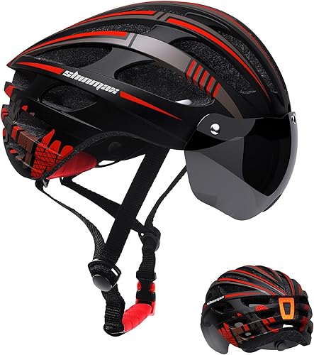 Shinmax - Casco de bicicleta con luz recargable USB y gafas magnéticas desmontables con protección UV, casco de bicicleta para hombre y mujer,