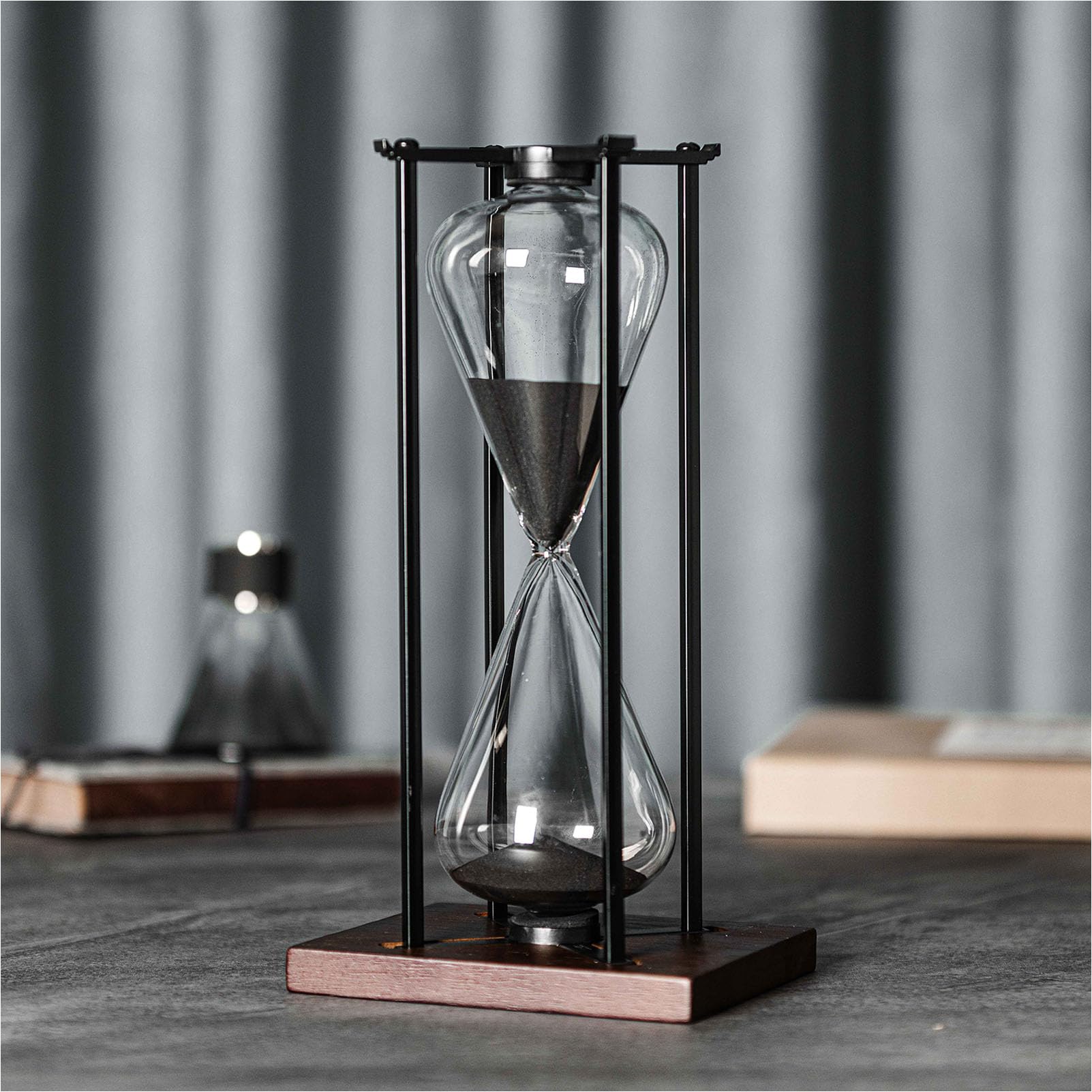 ELAINESTORE Hourglass Timer 60 Minute, Metal Frame Decorative Sand Timer with Removable Wooden Base (Black Sand, Large Size)