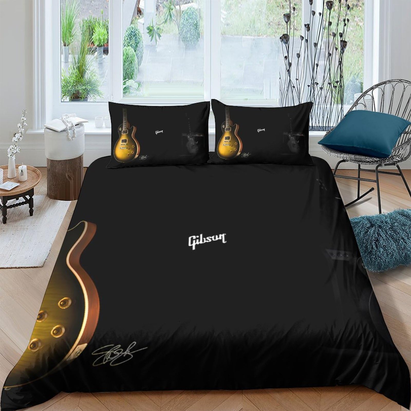 Ctjqhvkz Style-7 3D Printed Guitar Flame Fitted Sheet Microfiber Soft Black Artistic Bed Cover For Bedroom Guest Room Decor Single（135X200cm）