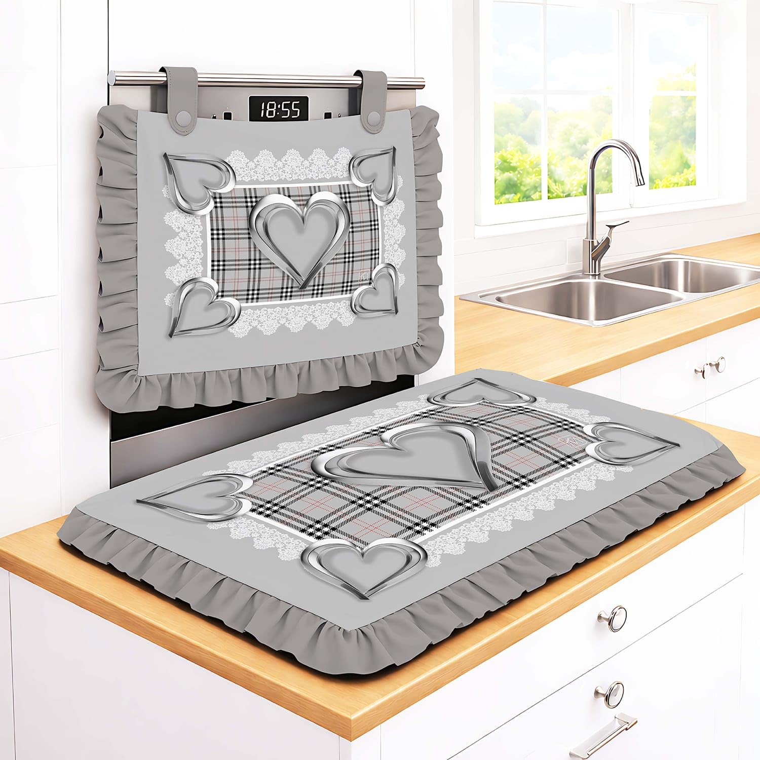 Set Cucina Copriforno 40x50 cm + Coprifornelli 46x70 100% microfibra anallergica Design Cuori Metallici e Fantasia Tartan Balze - Protezione Completa stampa digitale 4K Made in Italy (Grigio)