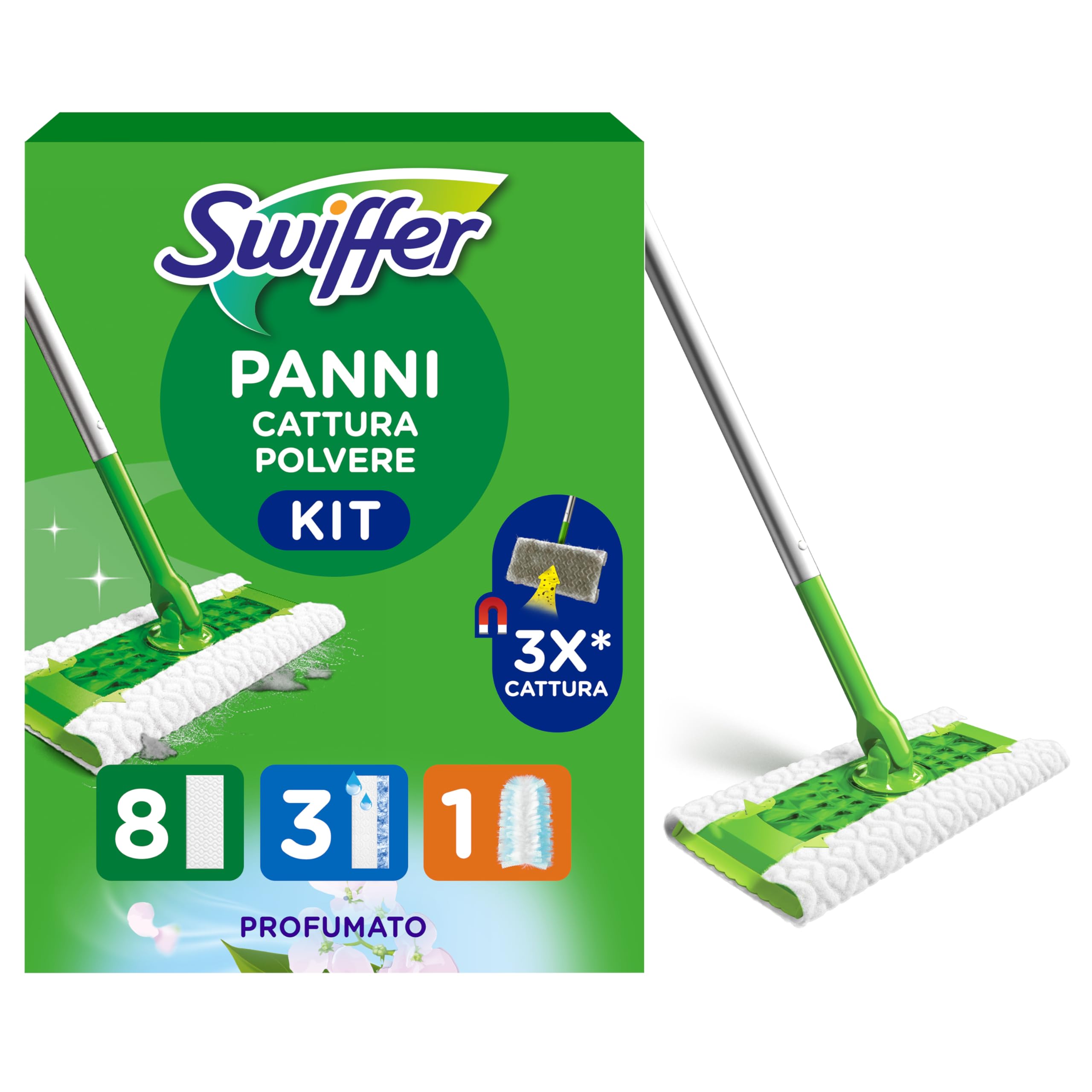 Swiffer Panni Cattura Polvere 1 Scopa e 8 Panni Microfibra Dry e 1 Piumino e 3